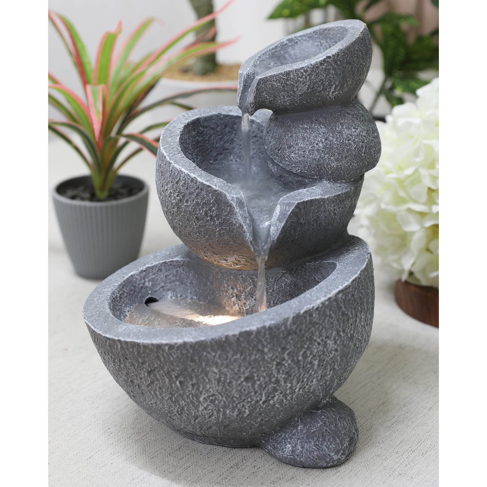 Impression Polyresin Trio Abstract Bowls Fountain 24X28Cm in Grey Colour