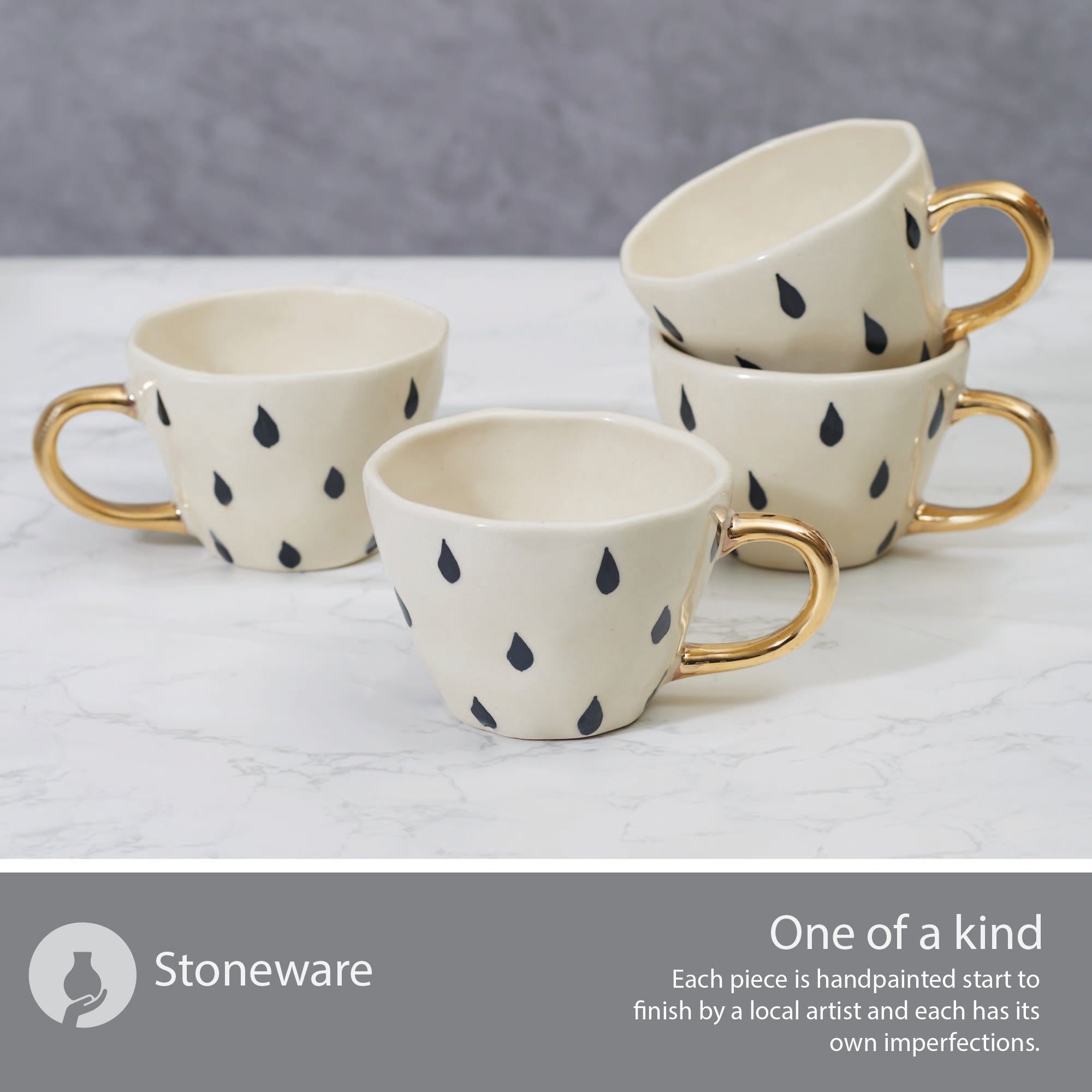 Fiesta Studio Pottery Droplet Tea Mug 250 ML Set of 4 with Real Gold Plating in Black & White Colour