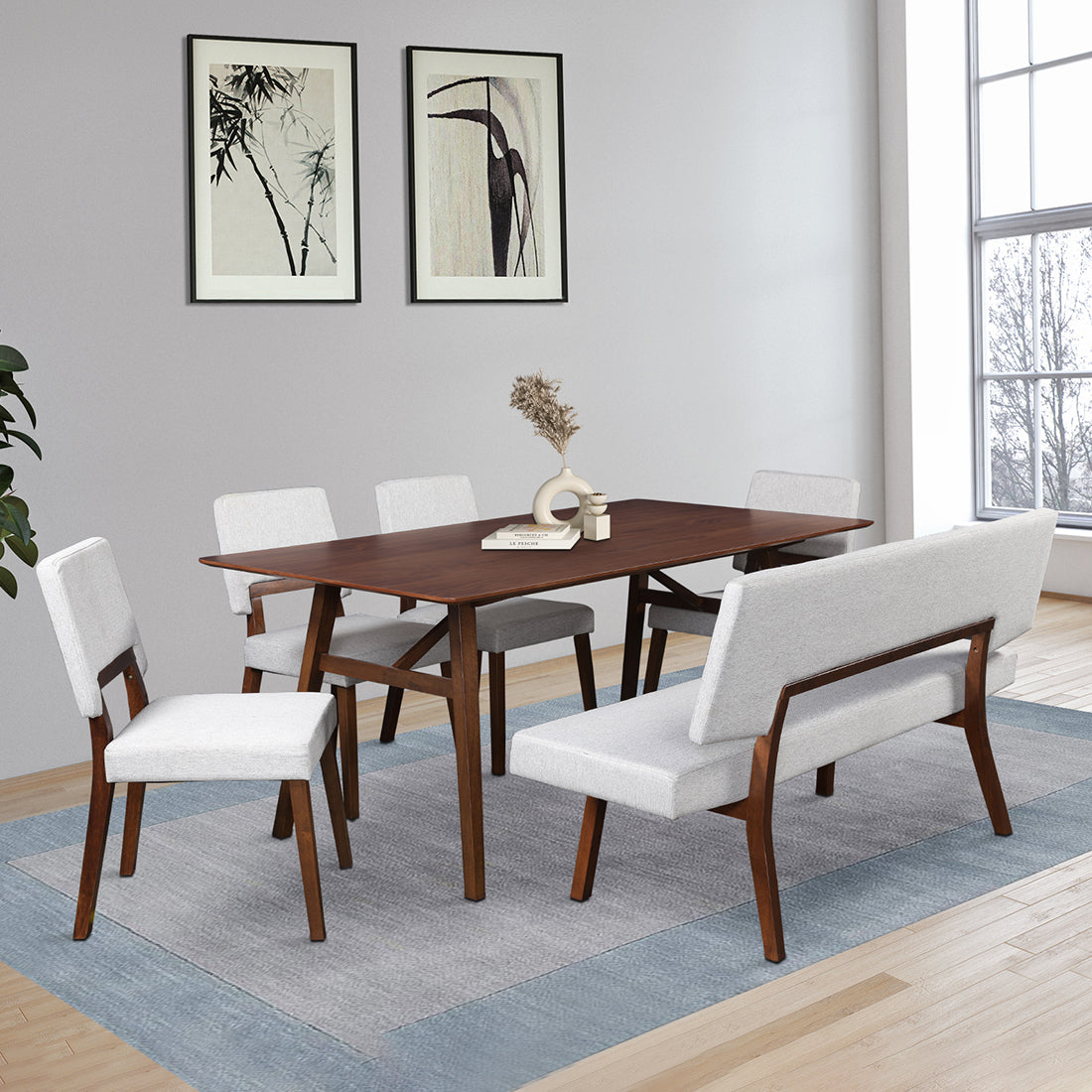 Lillian Solidwood Six Seater Dining Set With Bench in Walnut Colour