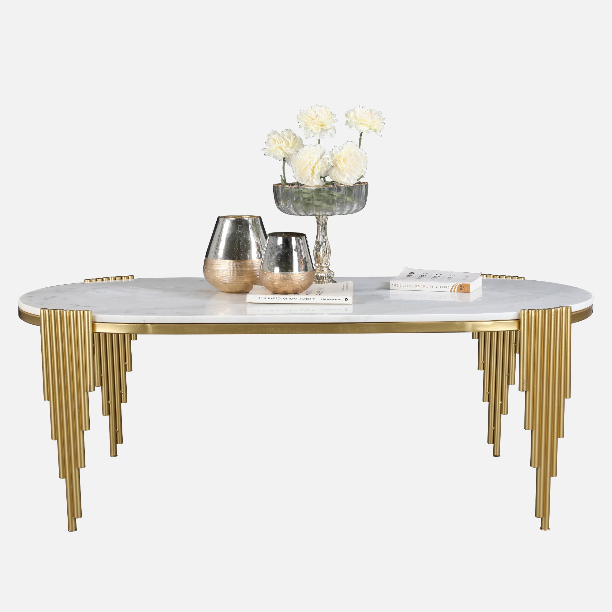 Giove Marble & Iron Center Table in White & Gold Colour