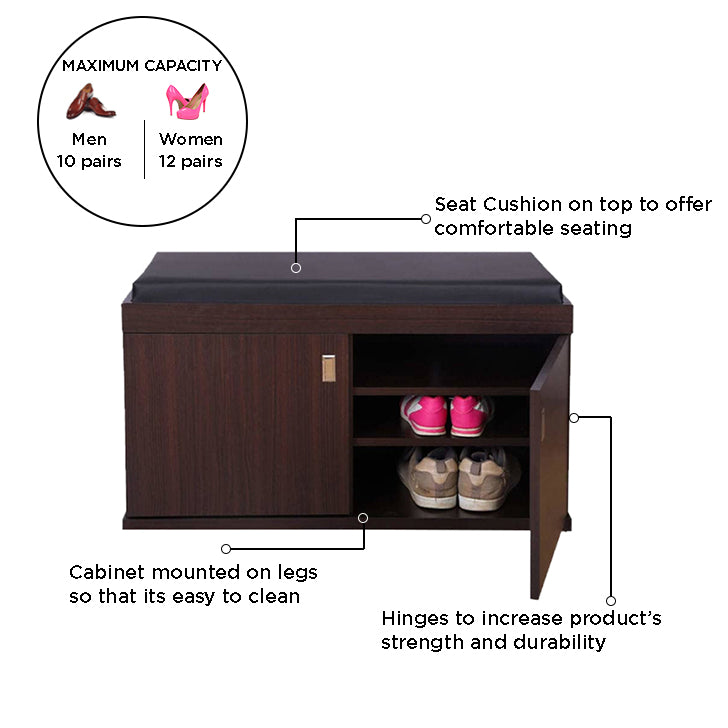 HomeTown Engineered Wood 2 door Shoe Rack with Seat in Wenge Colour
