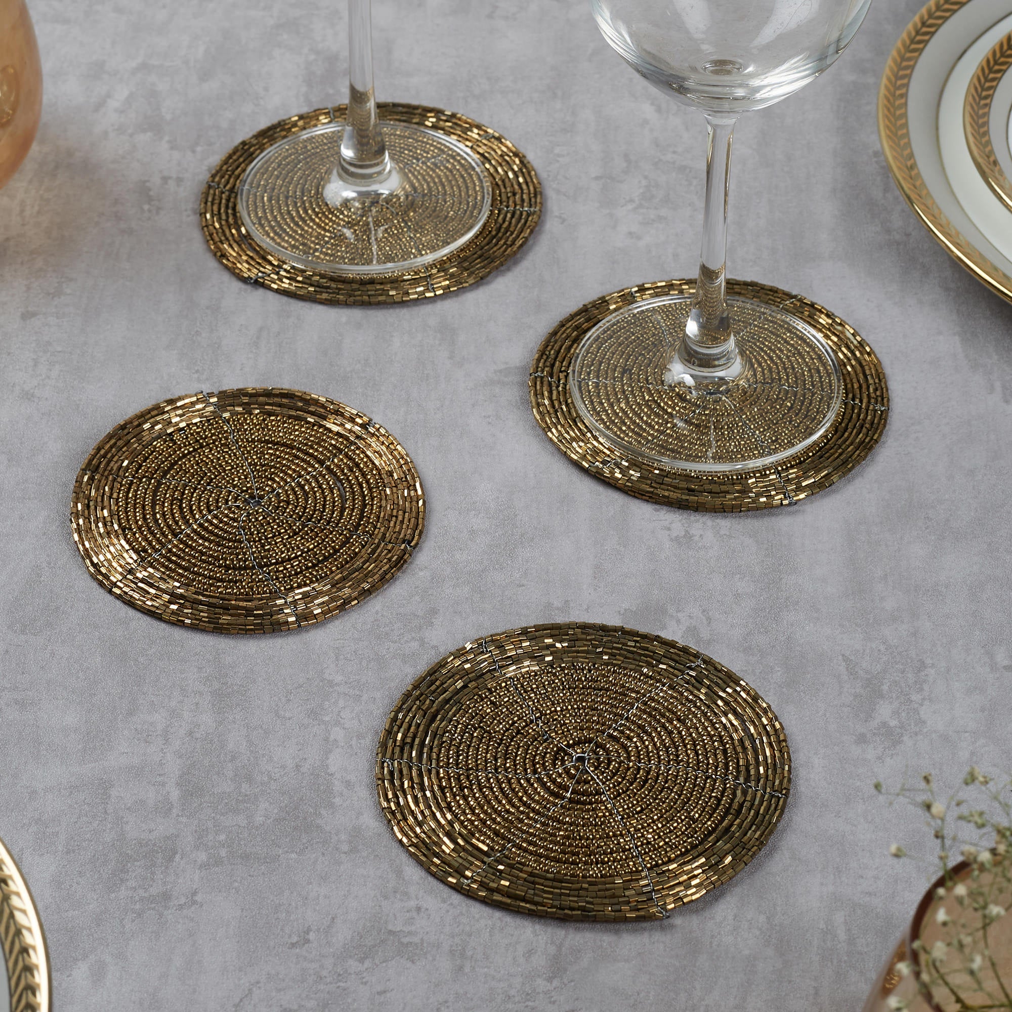 Nora Handmade Beaded Coaster Set Of 4 Dia 10x10 Cm in Gold Colour