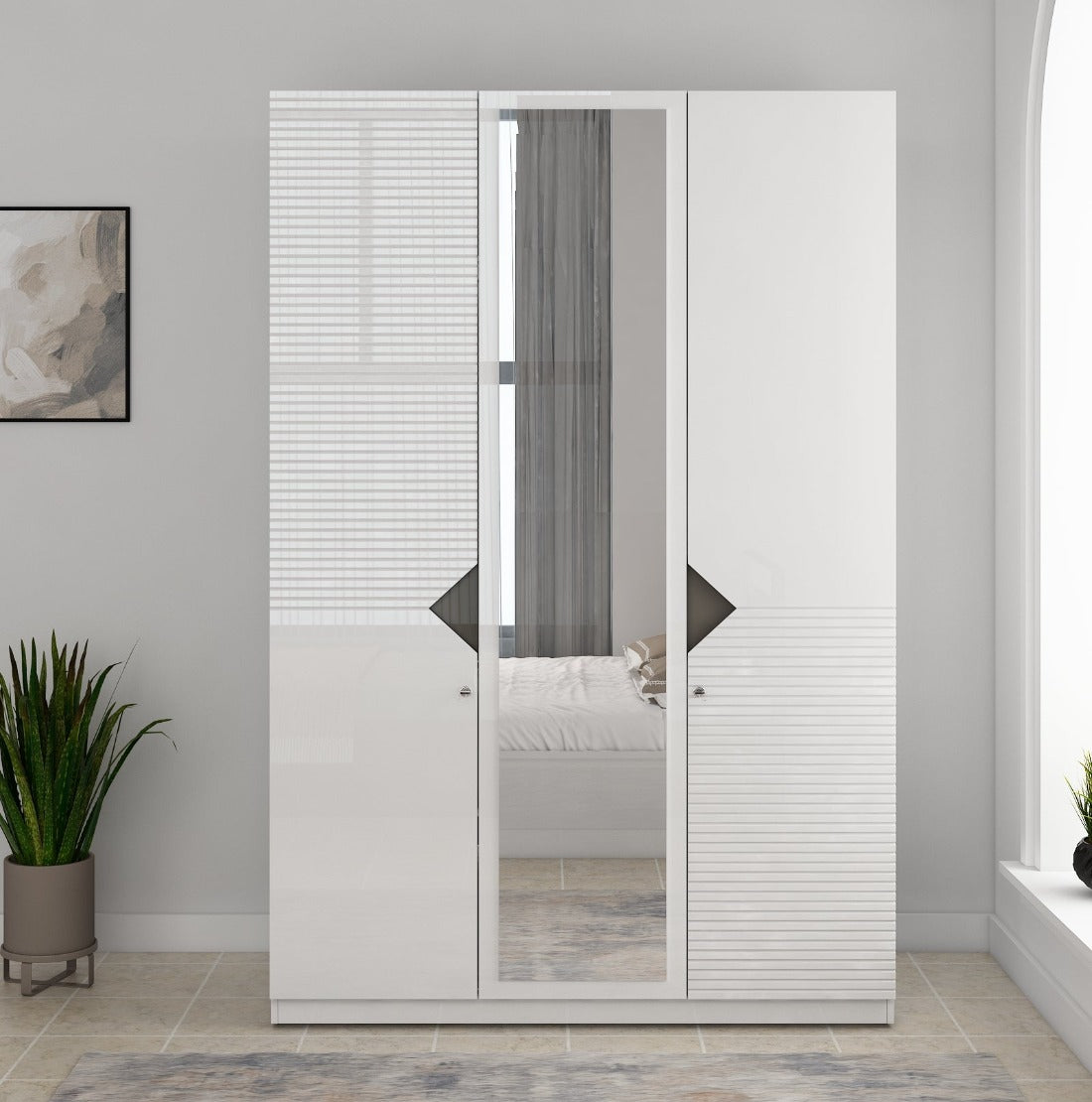 Gwen Three Door Wardrobe With Mirror in White Colour