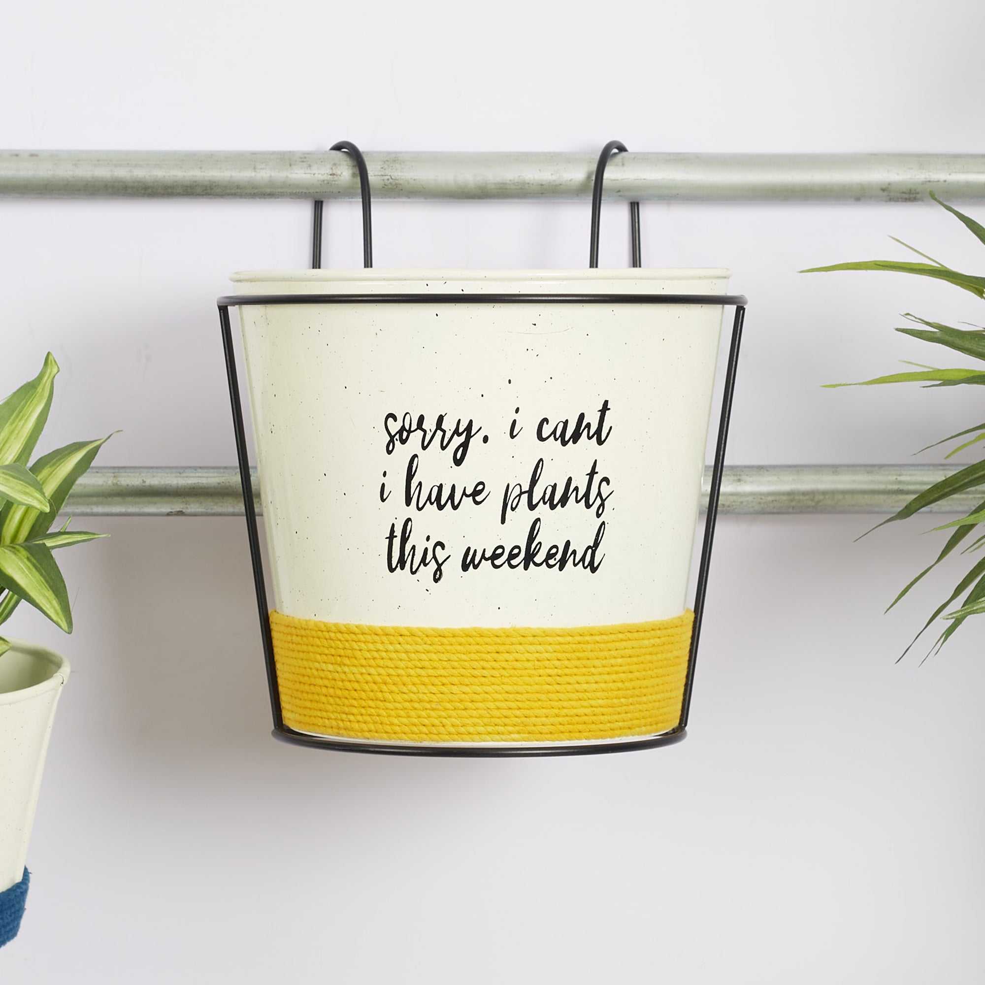 Pep Pop Metal Quote Railing Planter 26Cm in Off White & Yellow Colour