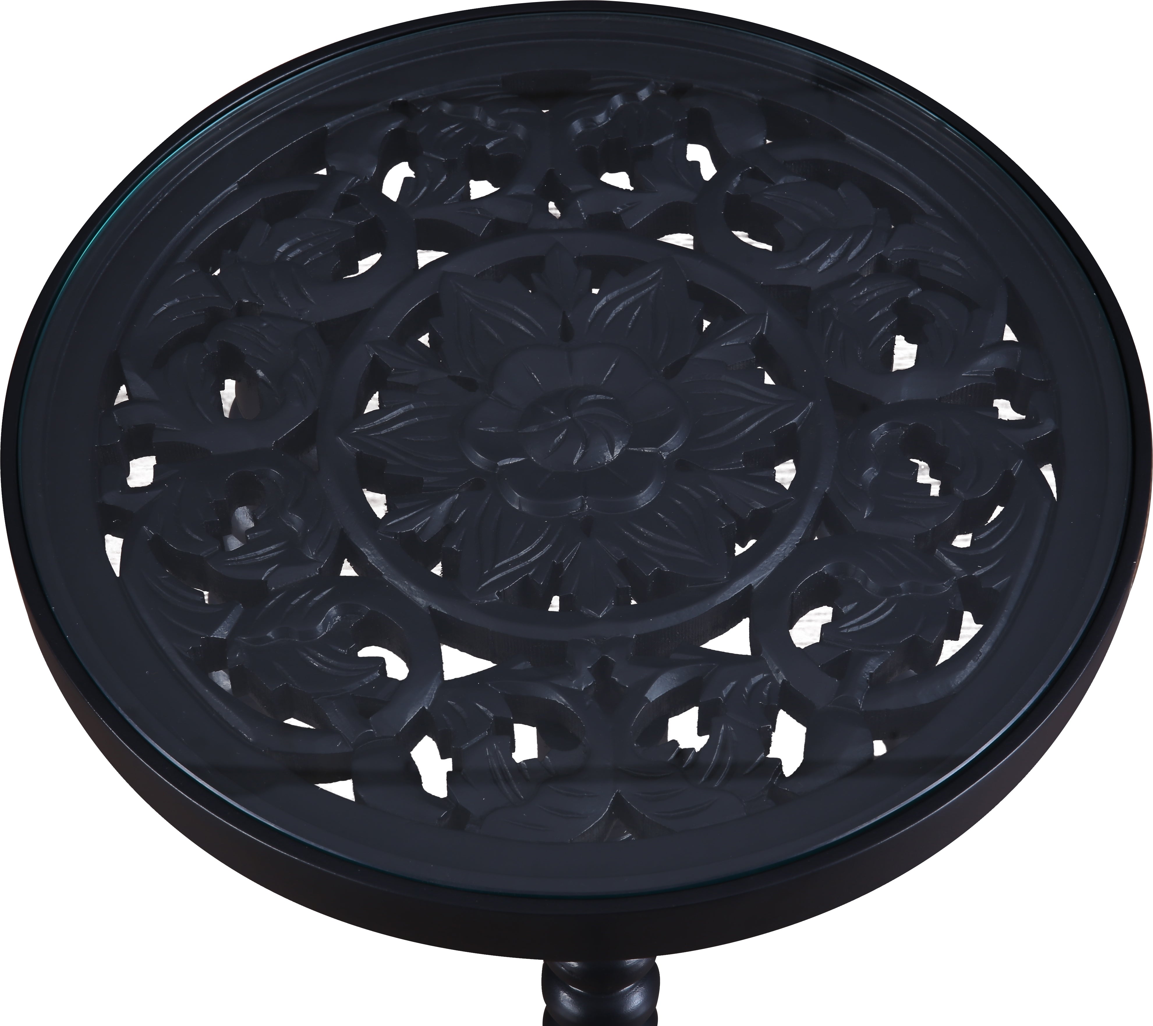 Antico Mango Wood Carved Stool in Black Colour