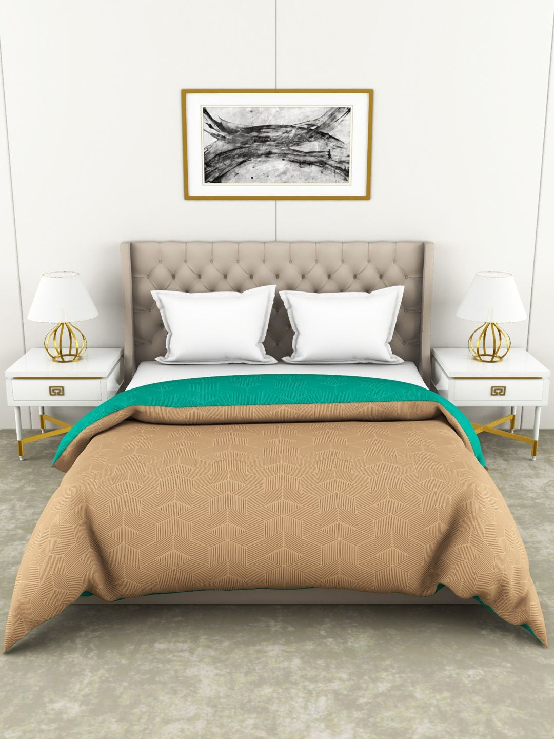 Botanical Cotton Double Comforter 229X254 Cm 210 Tc in Beige/Green Colour