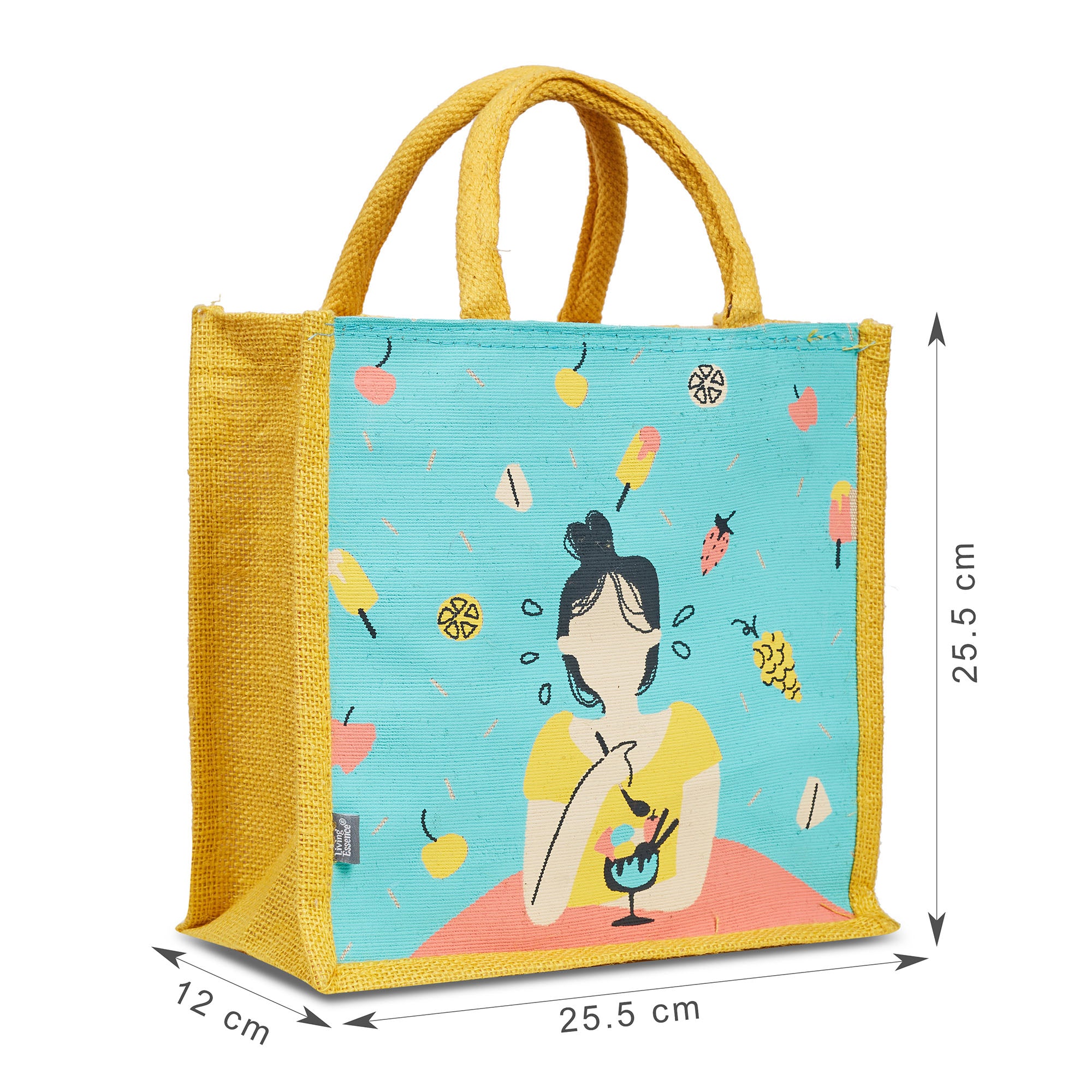 Good Life Jute Reversible Dessert Printed Lunch Bag 25.5 x 25.5 Cm in Turq & Yellow Colour