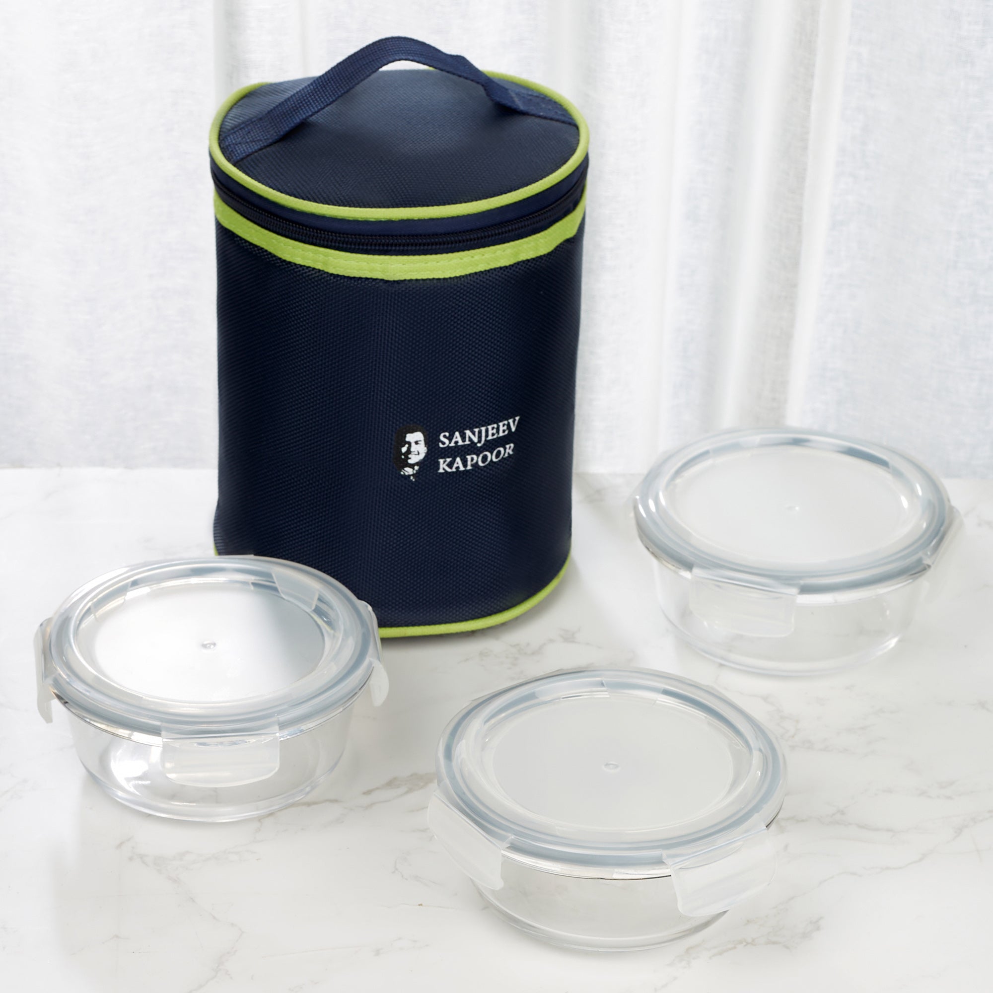 Boston Borosilicate Glass Microwave Safe Round Lunch box 400ml Set of 3 + Carry Bag in Blue Colour