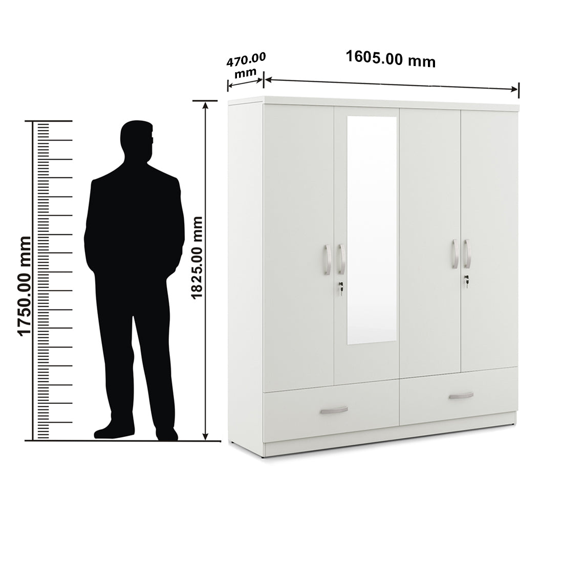 Utsav Four Door Wardrobe with Mirror in White Colour