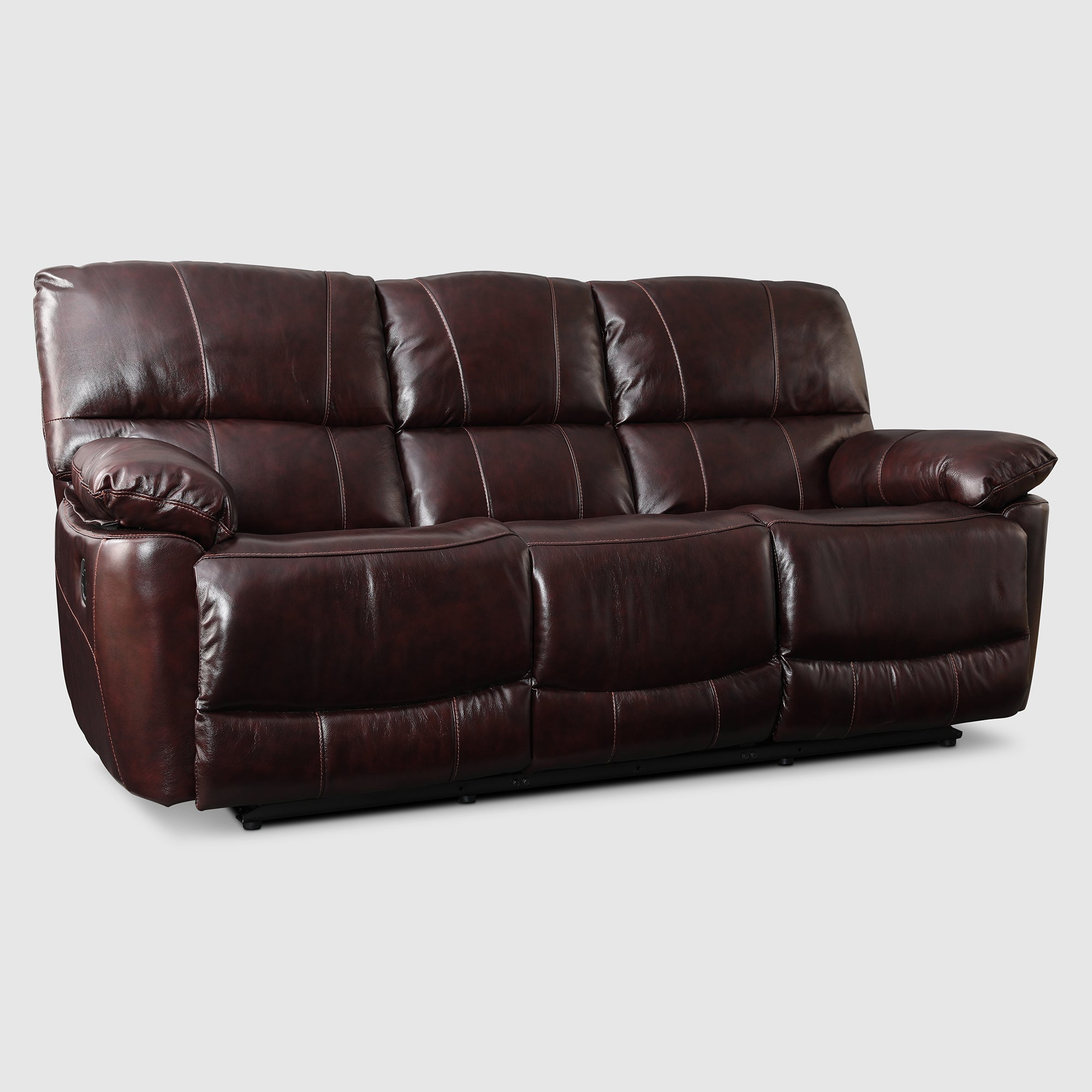 Charles Half Leather Three Seater Recliner in Burgundy Colour