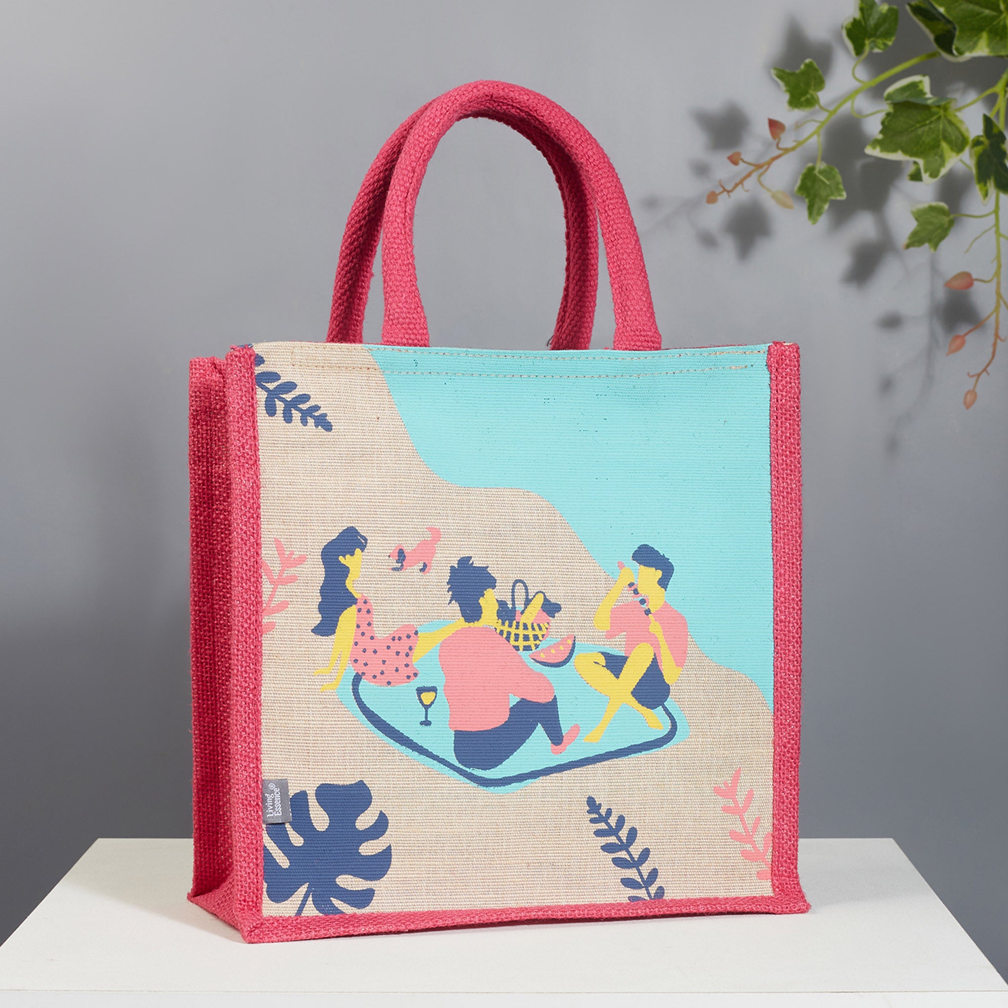 Good Life Jute Reversible Salt, Sea & Snack Printed Lunch Bag 25.5 x 25.5 Cm in Pink Colour