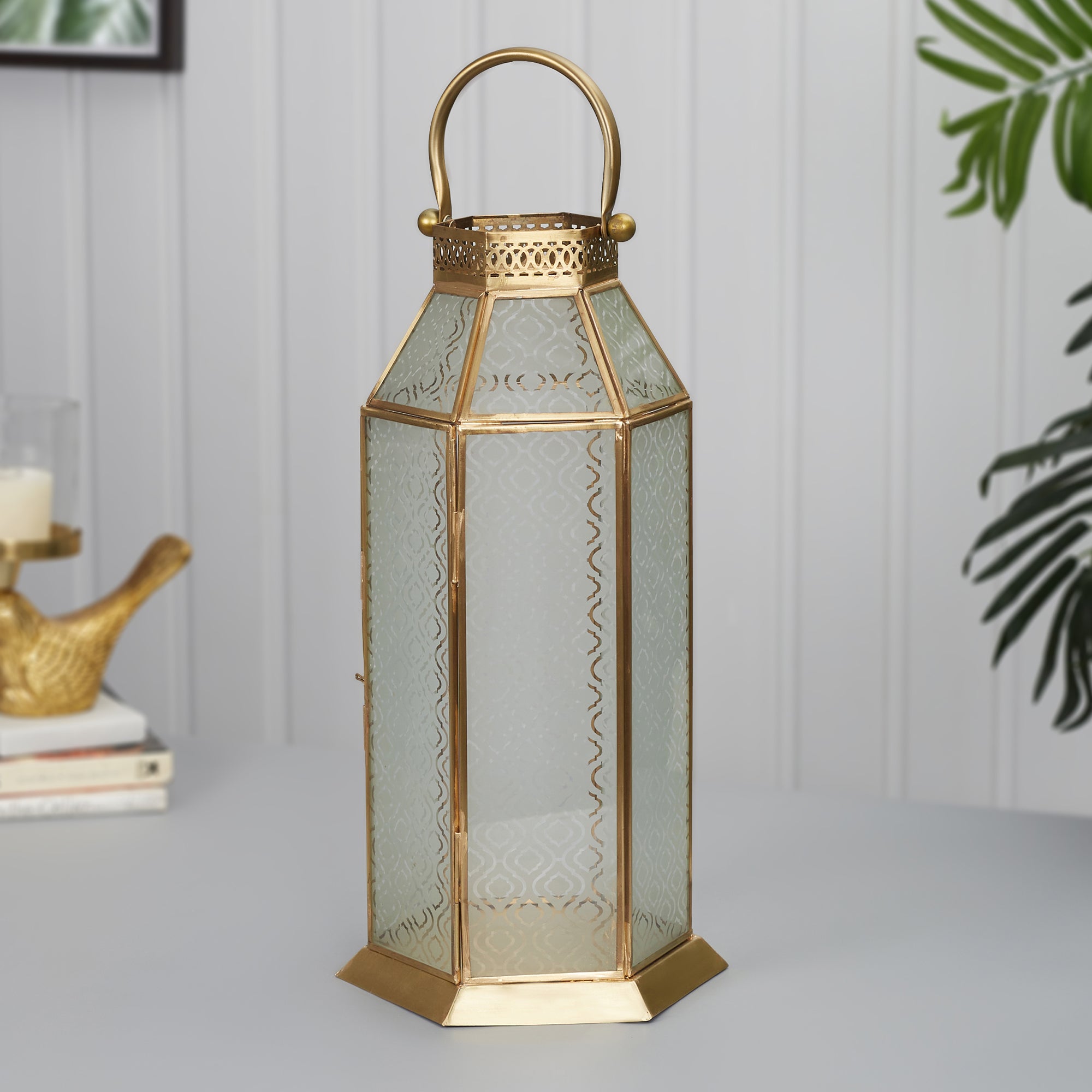 Apollo Iron and Glass Hexagon Lantern 19x43 Cm in Emerald & Gold Colour