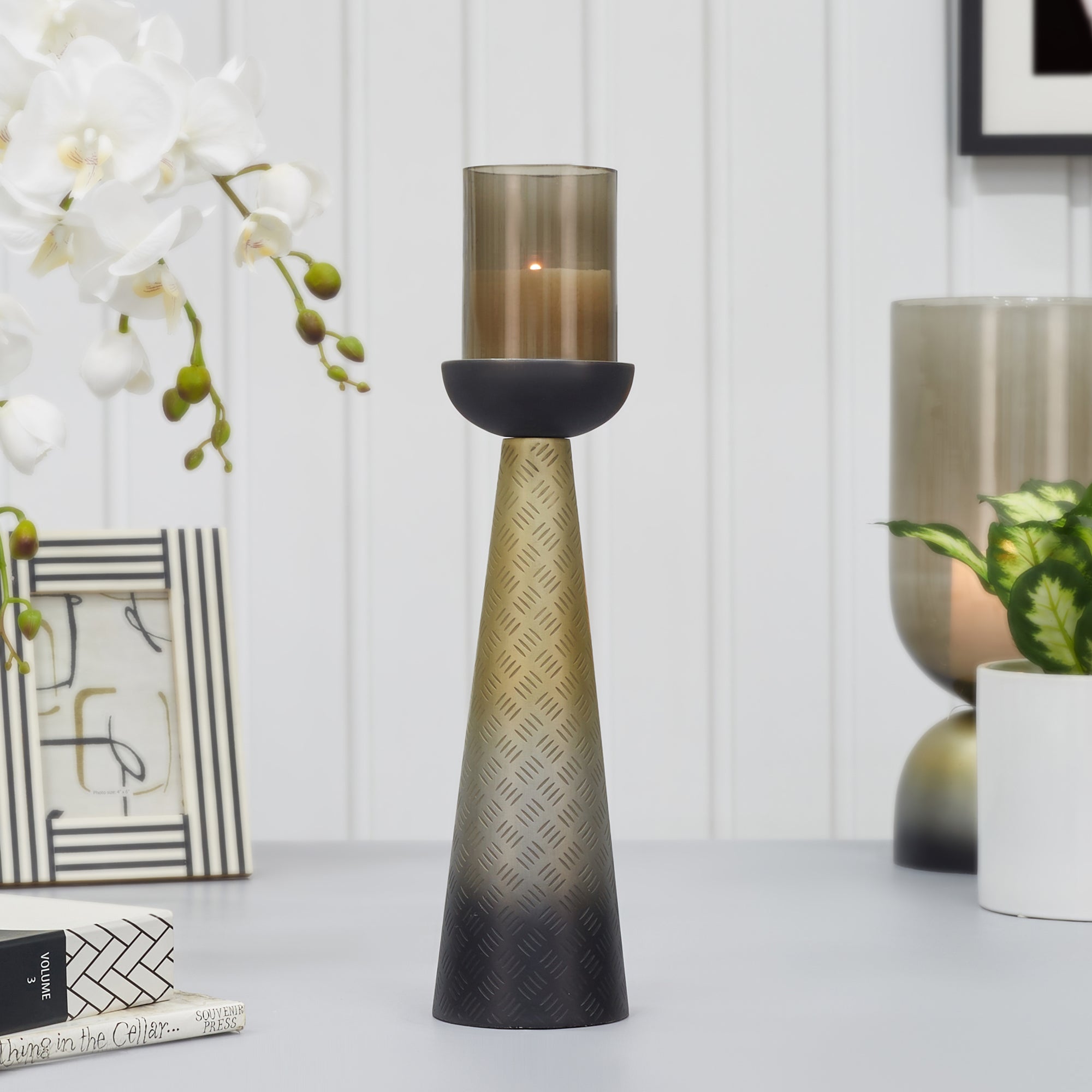 Zeus Iron and Glass Ombre Conical Candle Holder 10x37 Cm in Antique Gold & Black Colour