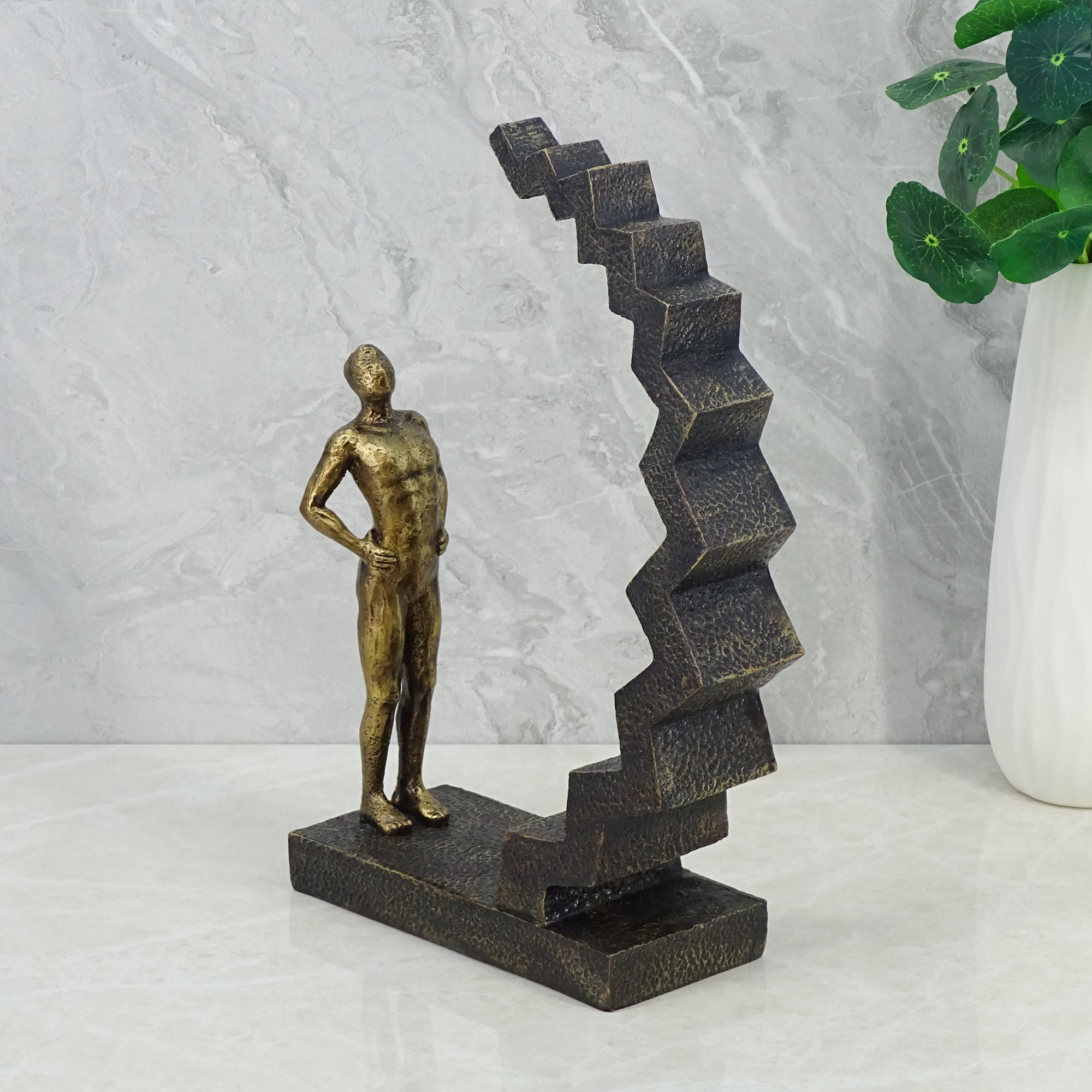 Willow Polyresin Man On Staircase 33 Cm in Brown And Gold Colour