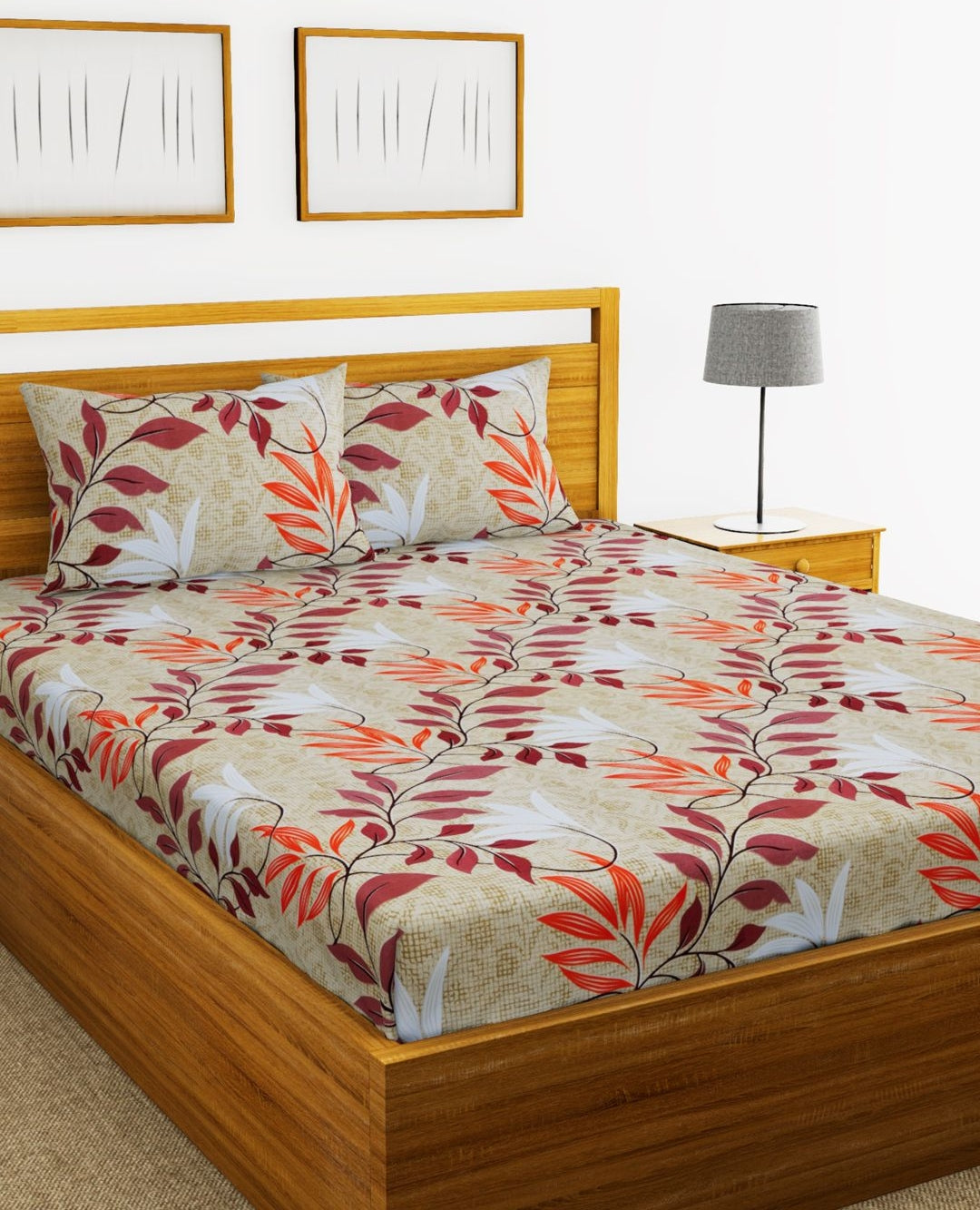 Essenza Cotton King Bed Sheet 220X254 CM in Light Olive & Orange Colour