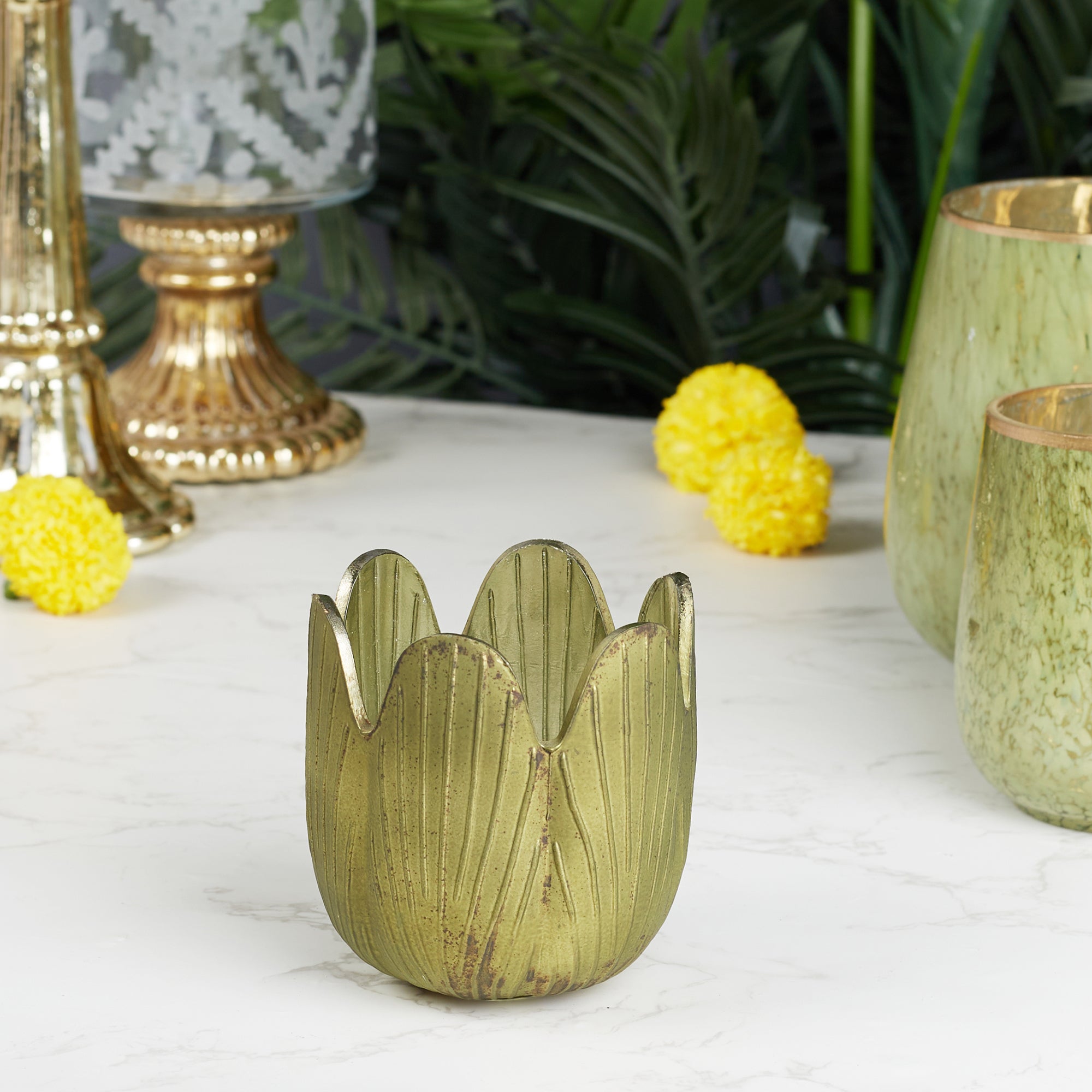 Phiona Glass Lotus Inspired Handcrafted Votive 10 Cm in Emerald Colour