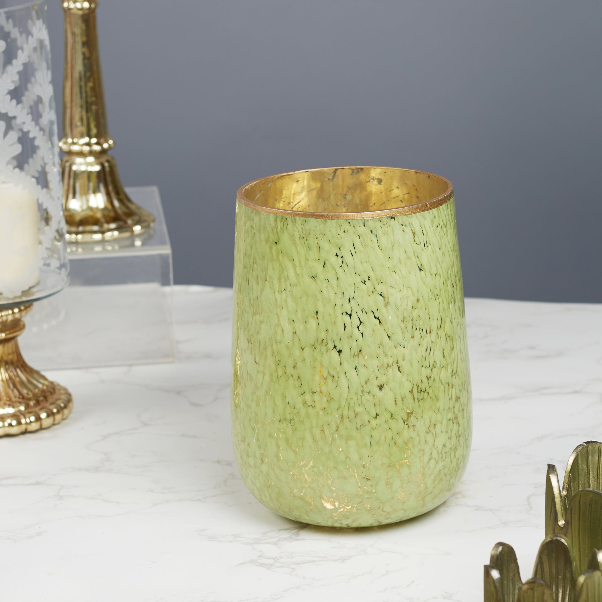 Phiona Glass Textured Handcrafted Vase 21 Cm in Olive Colour