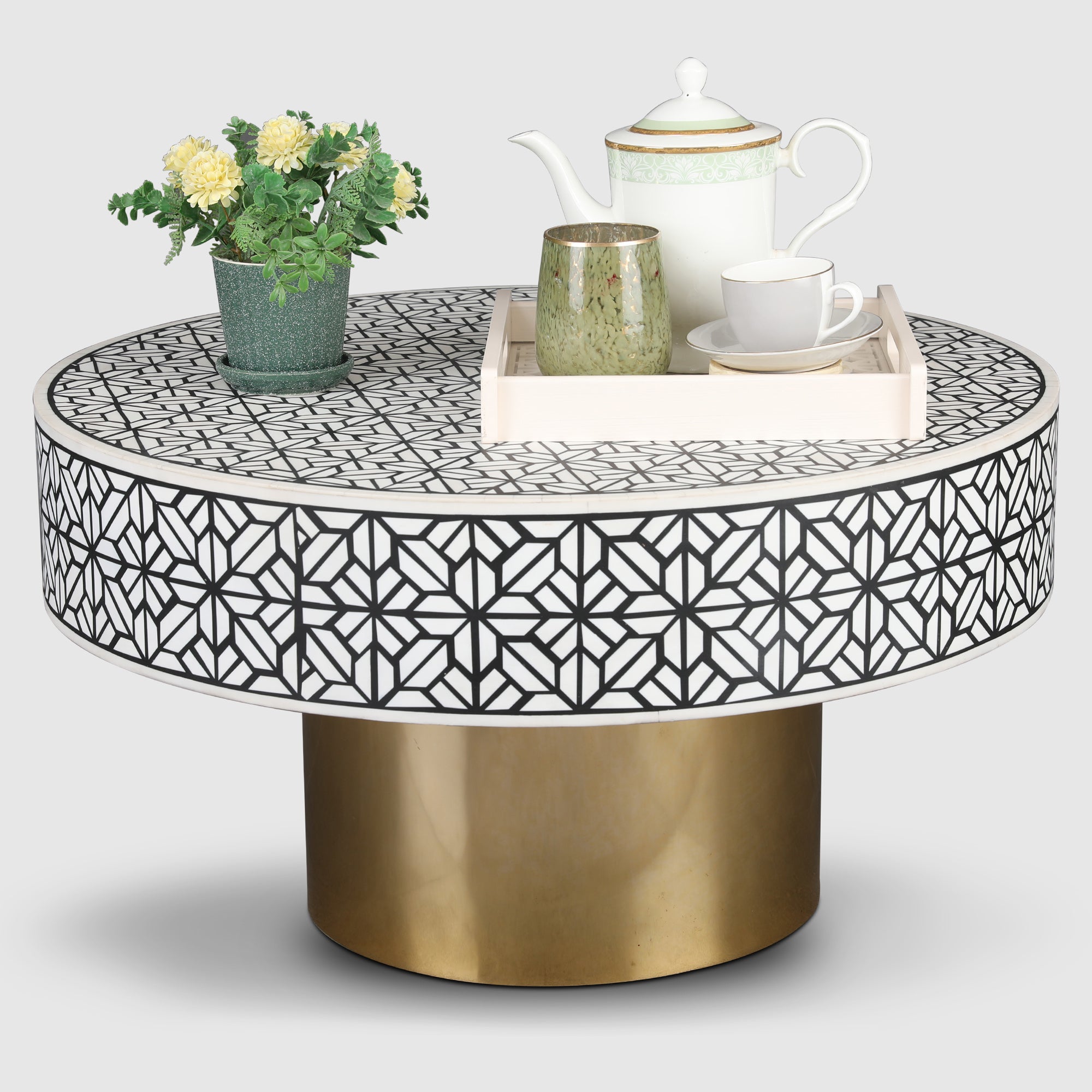 Ossein Iron Center Table in Black & White Colour