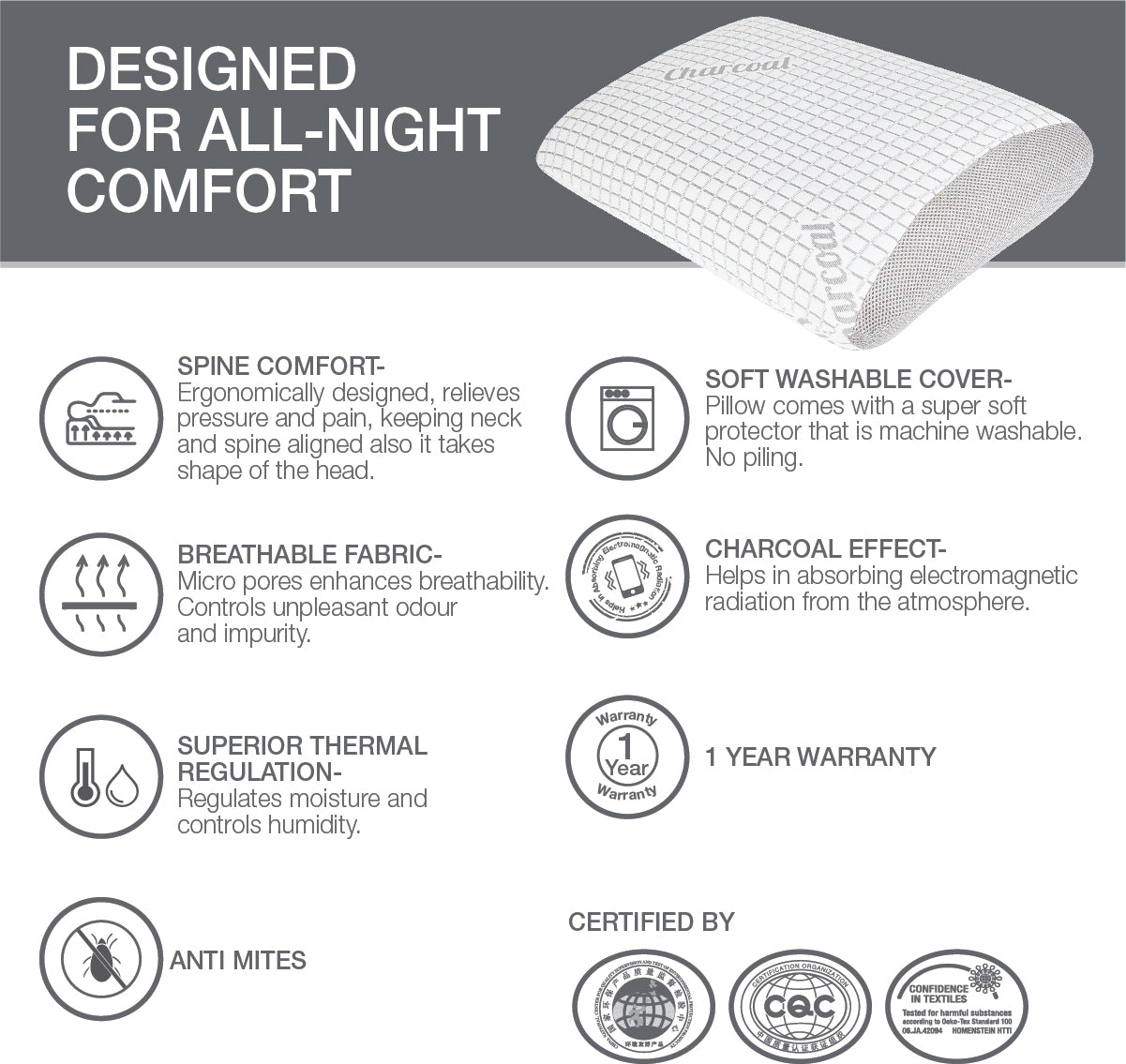 Serenity Memory Foam Charcoal Pillow 60X40X12 Cms in Charcoal Colour