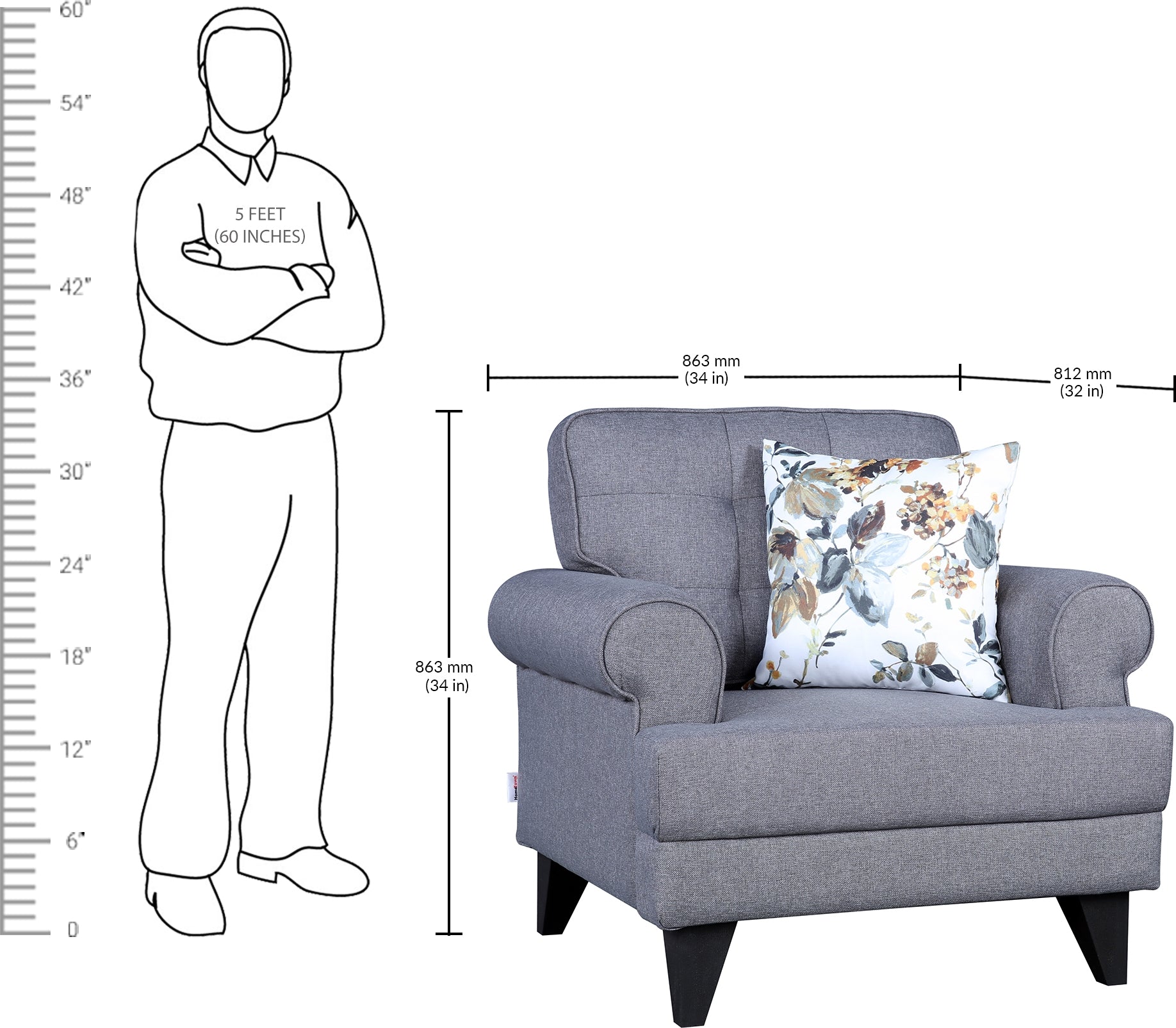 Paddington Fabric Single Seater Sofa in Grey Colour