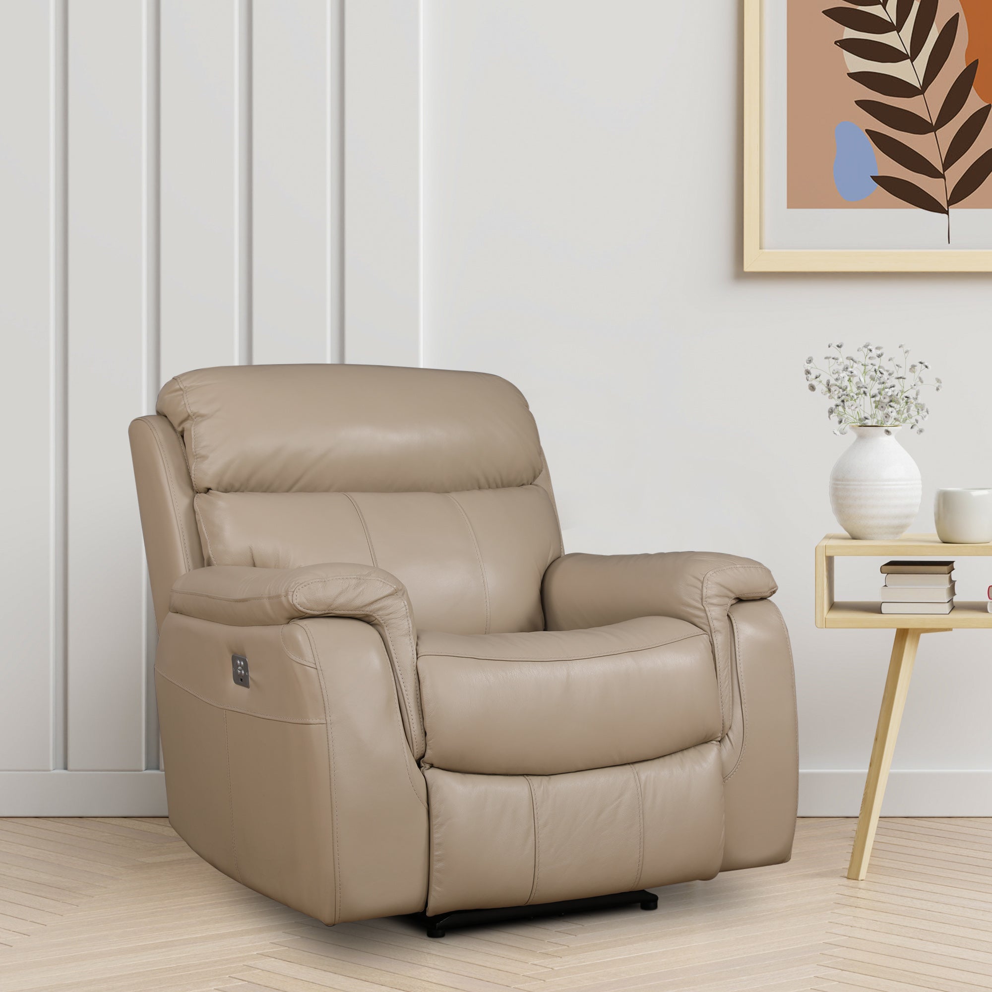Plush Leather Single Seater Electric Recliner in Beige Colour