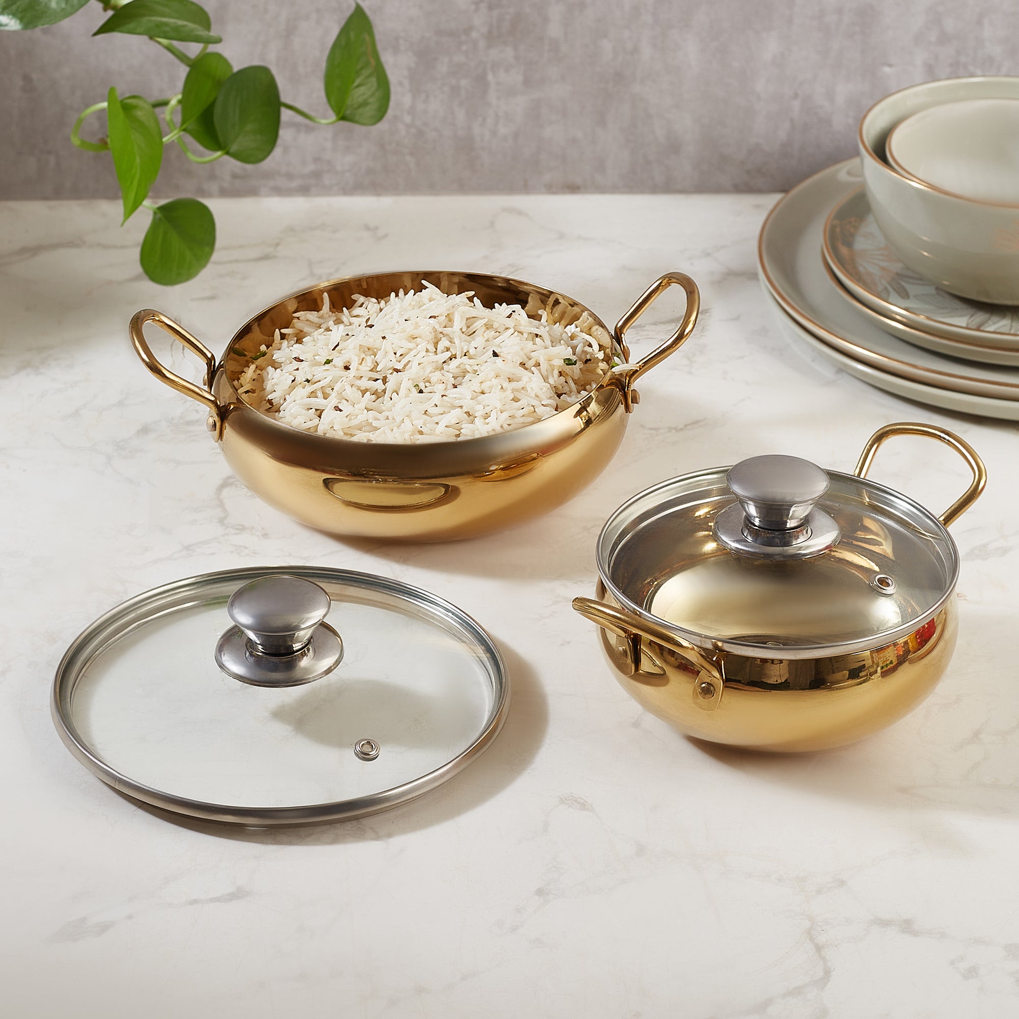Sapphire Stainless Steel Serving Handi Set of 2 in Gold & Silver Colour by Living Essence