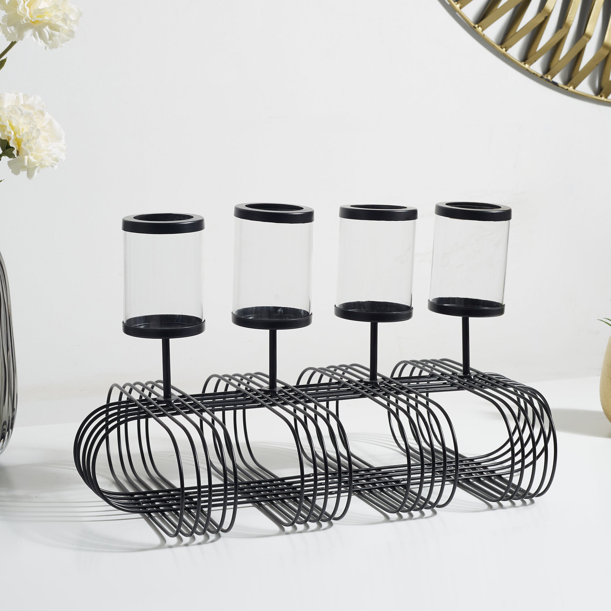 Sovereign Iron and Glass Wired 4 Pillar Holder 60x29Cm in Black Colour