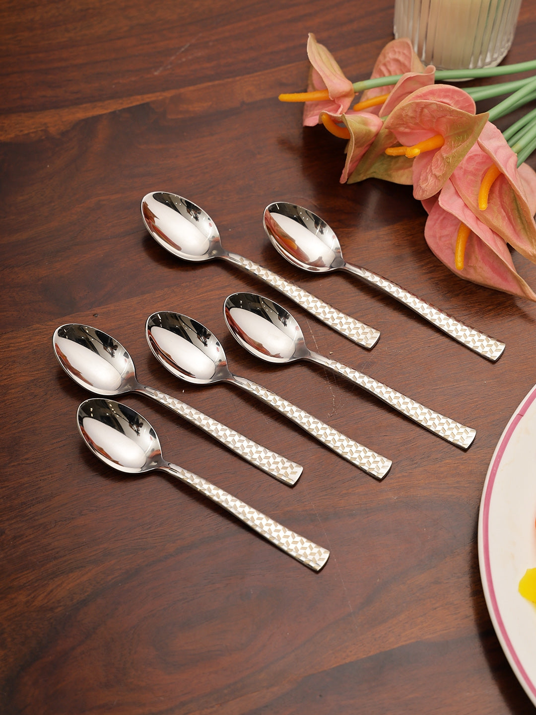 FNS Rhombo Tea Steel Spoon Set of 6 in Silver Colour