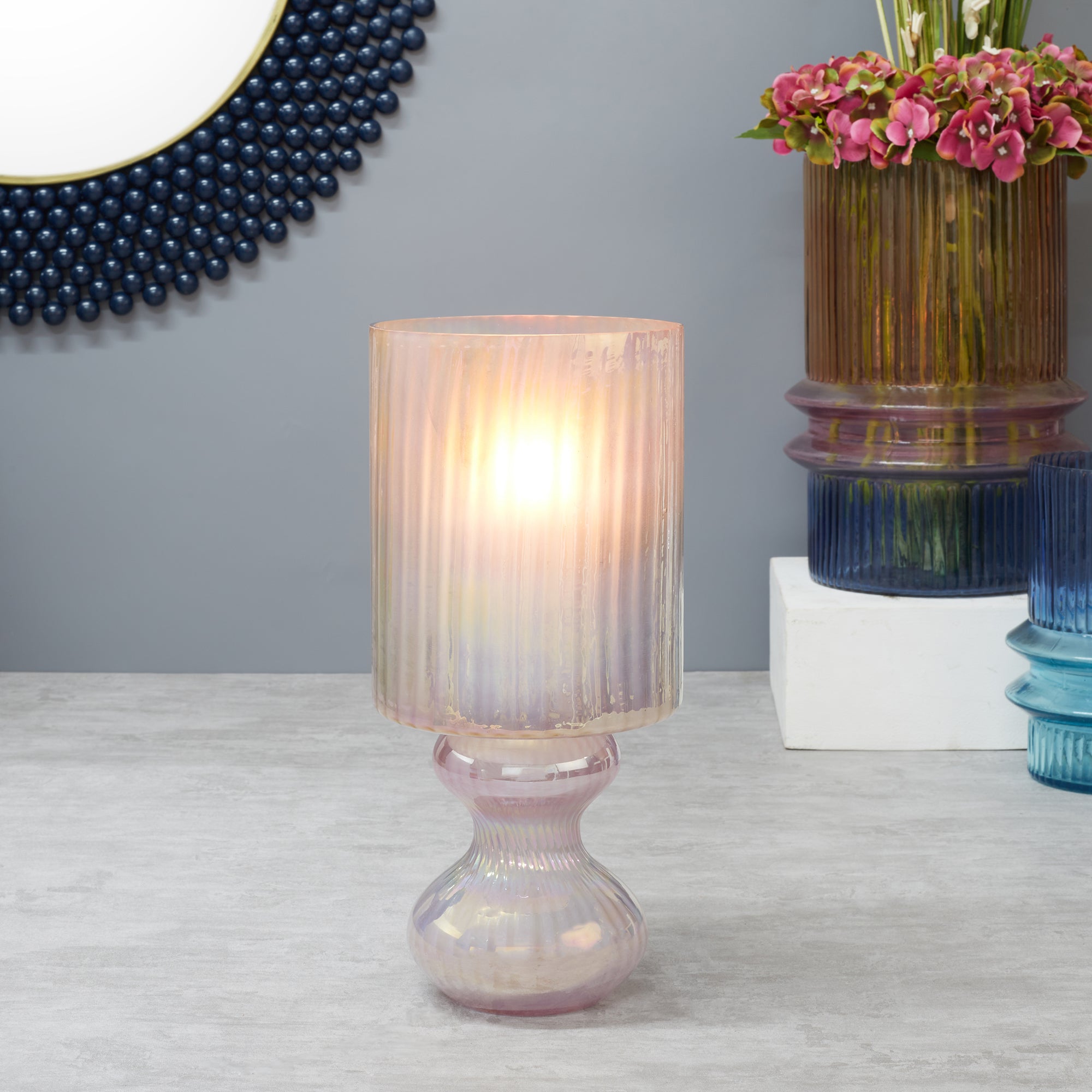 Phiona Glass Fluted Handcrafted Hurricane 33 Cm in Blush Colour