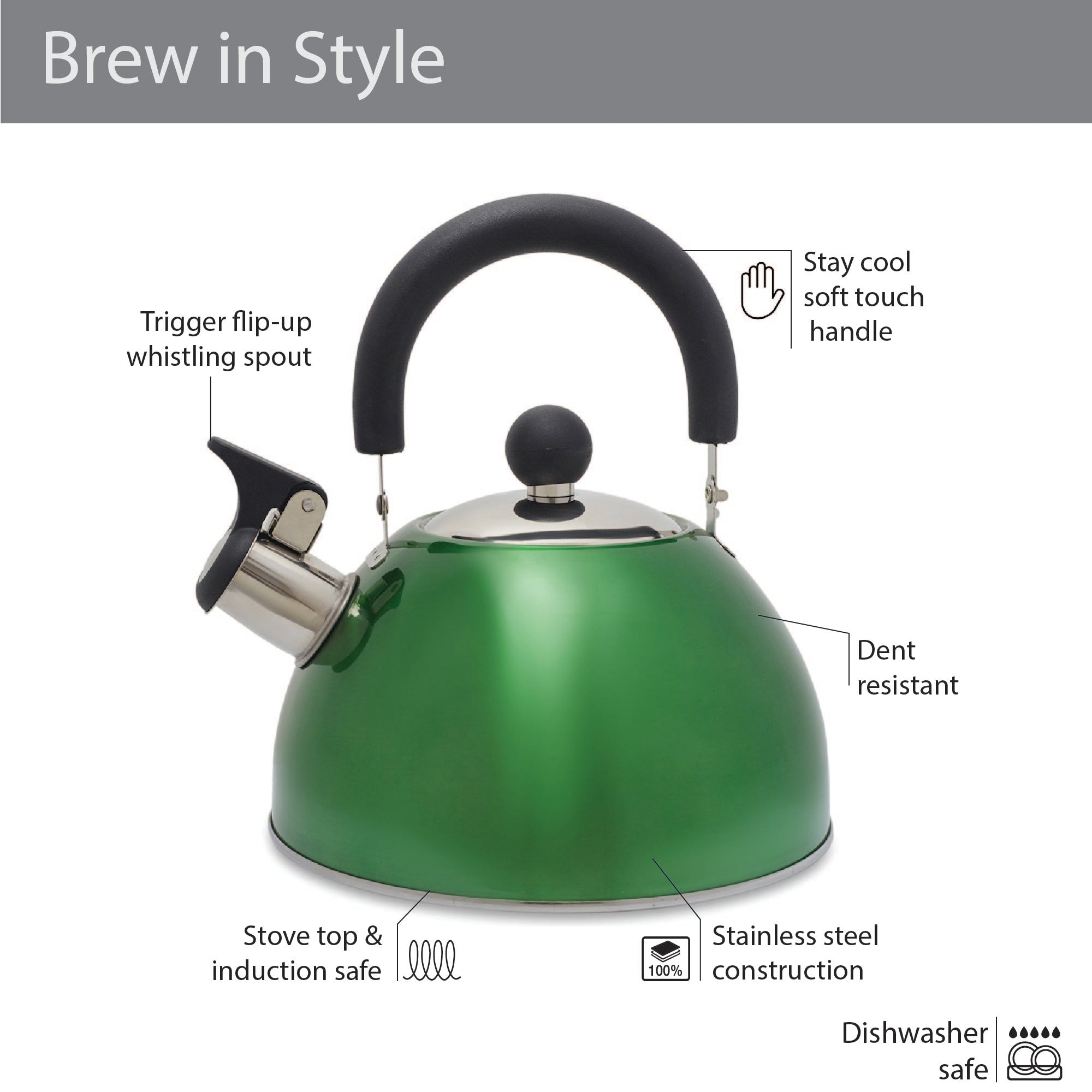 Brew Steel Whistling Kettle 2.5 Ltr in Green Colour