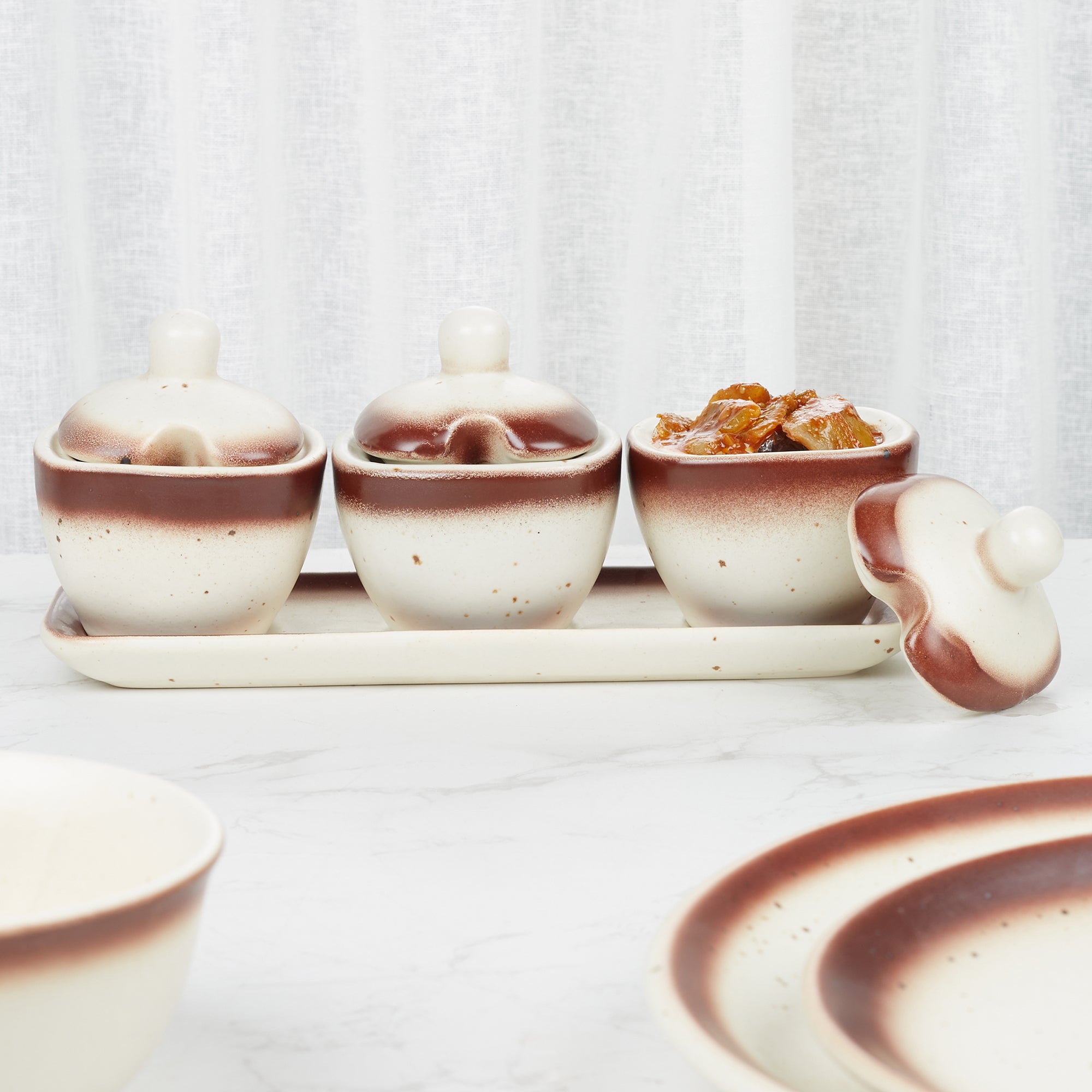 Beautiful Kitchen Studio Pottery Stoneware Condiment/Pickle Set of 3 in Beige Colour