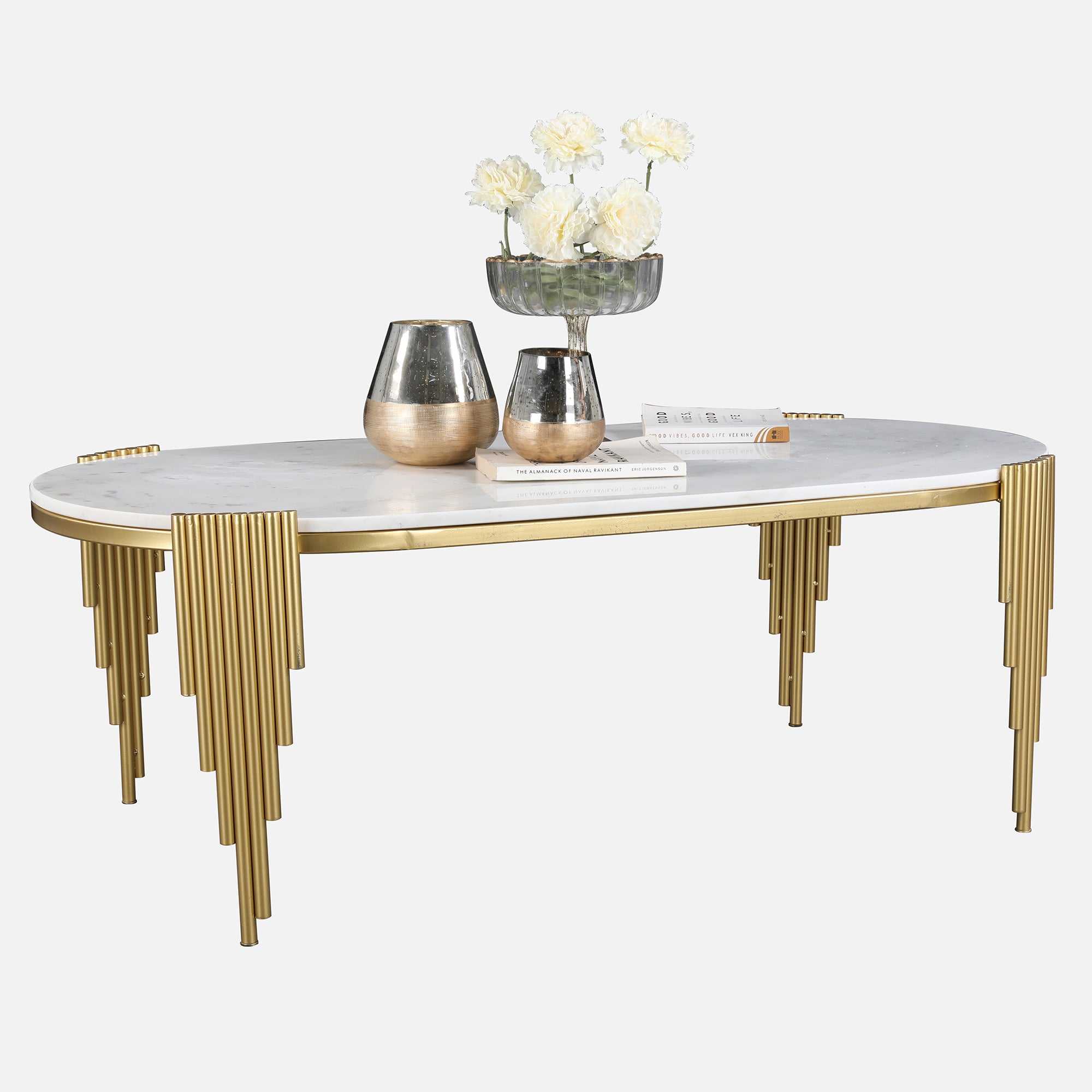 Giove Marble & Iron Center Table in White & Gold Colour