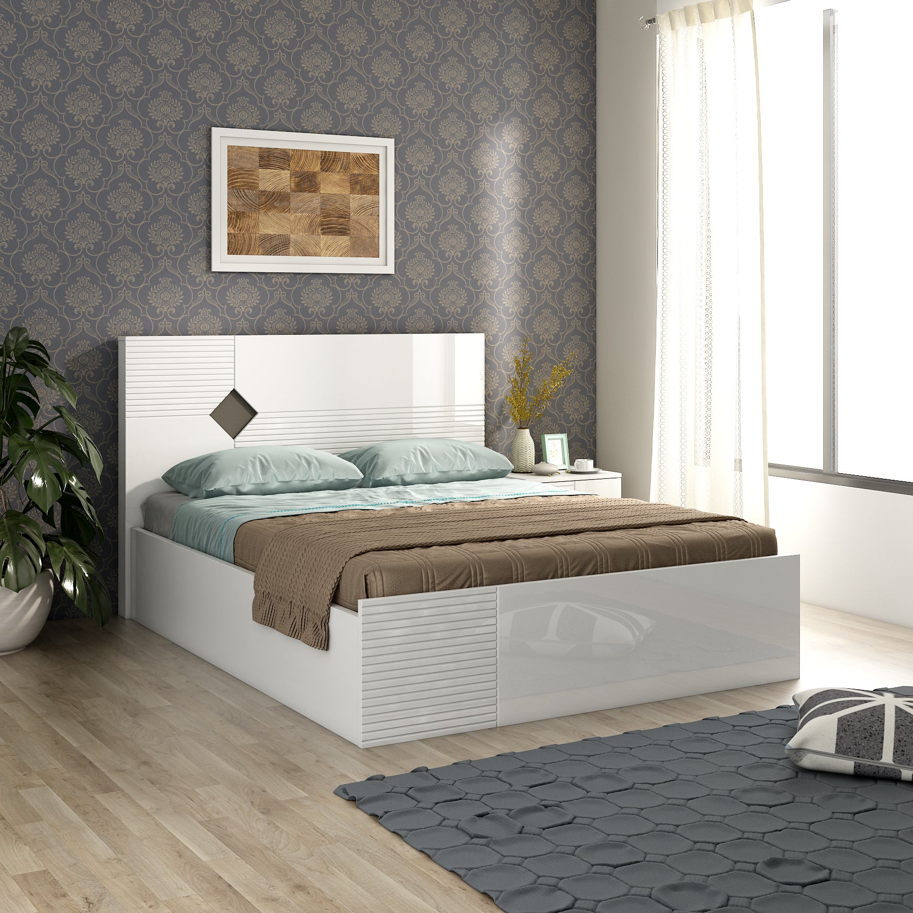 Gwen  King Bed With Hydraulic storage in White  & Denim Colour