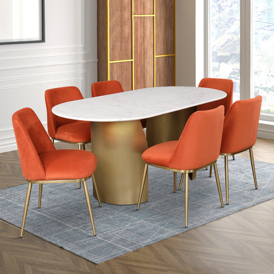 Palatine Marble Top Six Seater Dining Set in White & Rust Colour