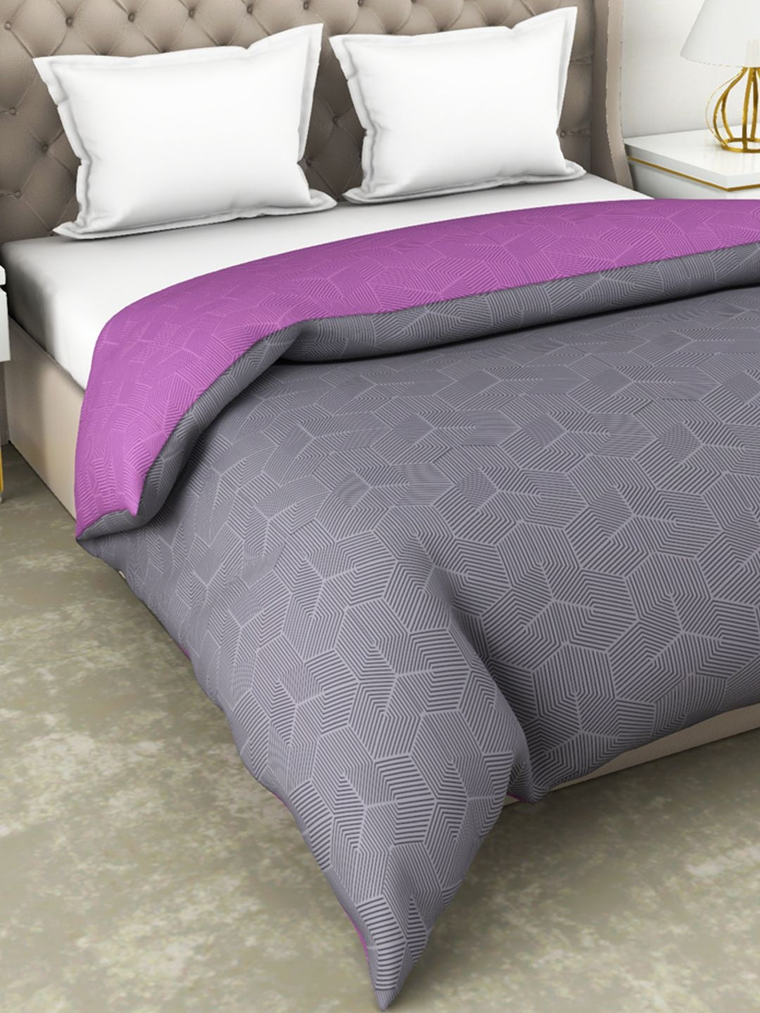 Botanical Cotton Double Comforter 229X254 Cm 210 Tc in Grey/Purple Colour
