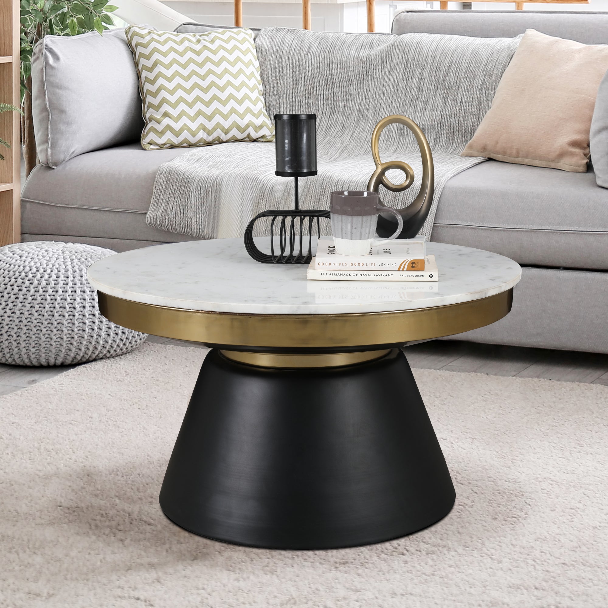 Chelsea Marble & Iron Center Table in White, Black & Gold Colour