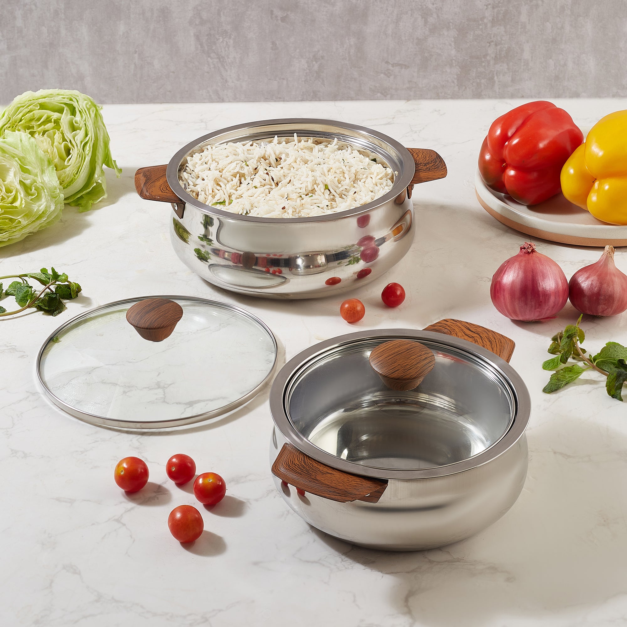 Sapphire Stainless Steel Meal Serve Casserole Combo Set of 2 in Silver & Wooden Finish Colour by Living Essence