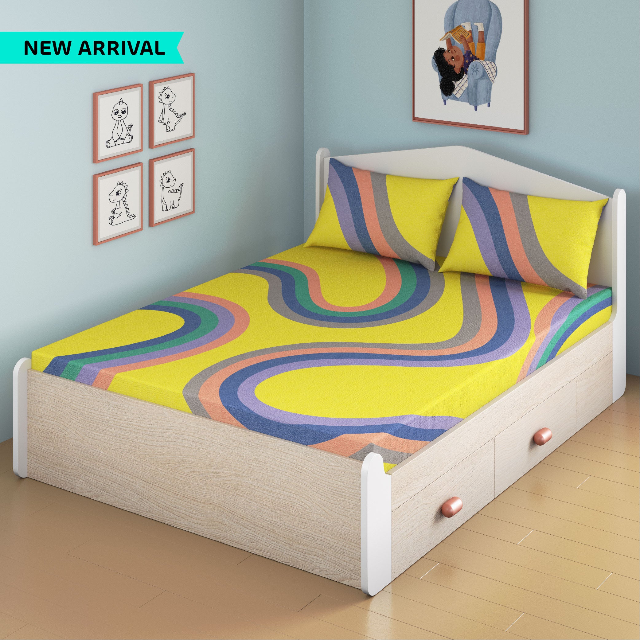 Winding Roads Bamboo Cotton Queen Fitted Bedsheet in Yellow Colour