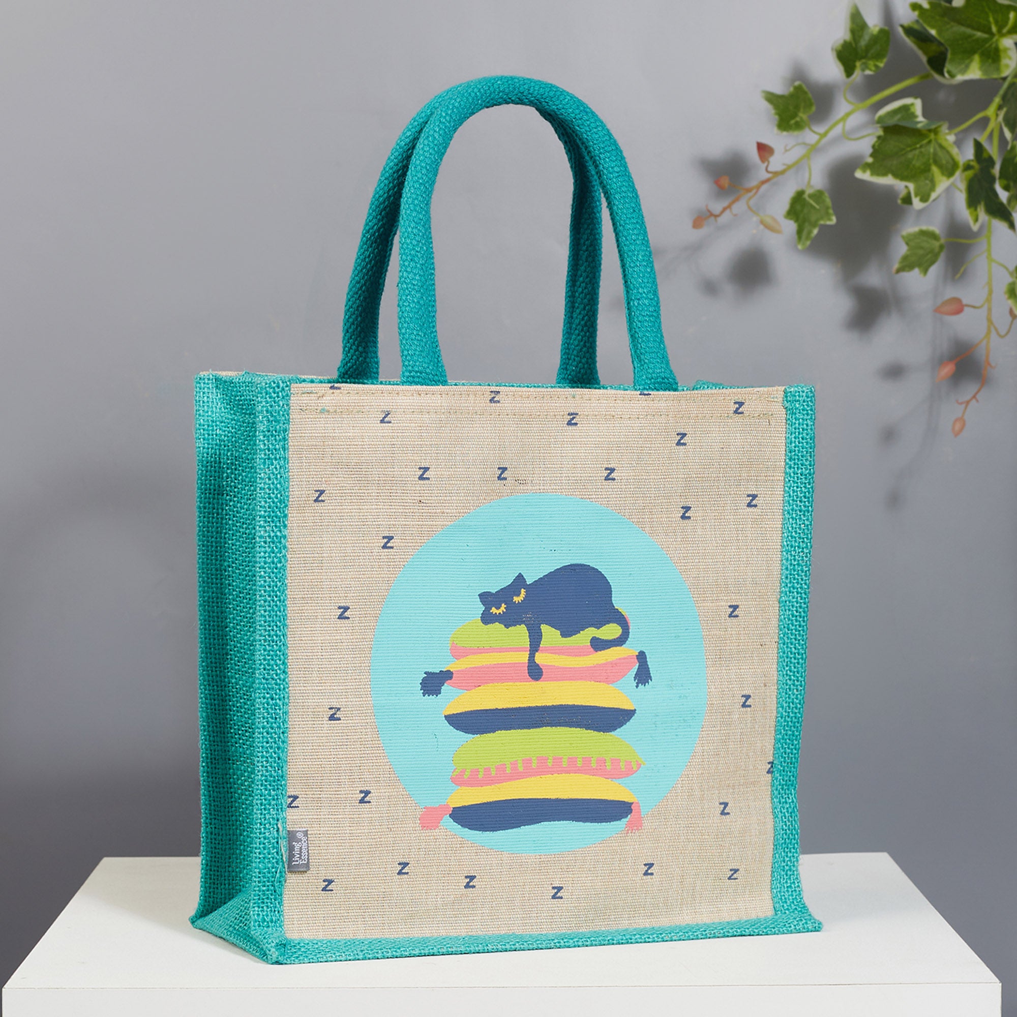 Good Life Jute Reversible Lazy Lamhe Printed Lunch Bag 25.5 x 25.5 Cm in Turq Colour