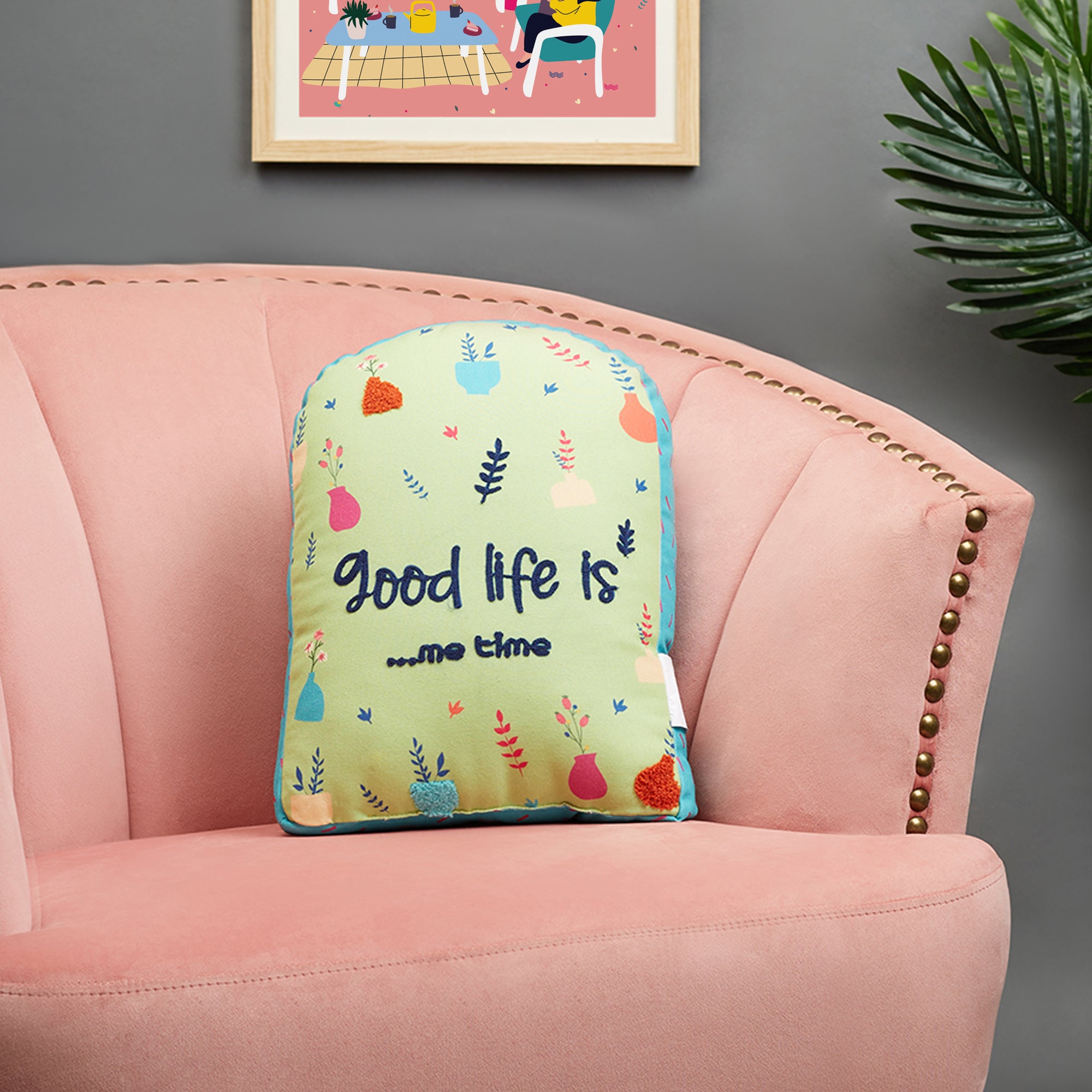 Good Life  Reversible Window Digital Printed Shaped Cushion 28x38 Cm in Green Colour