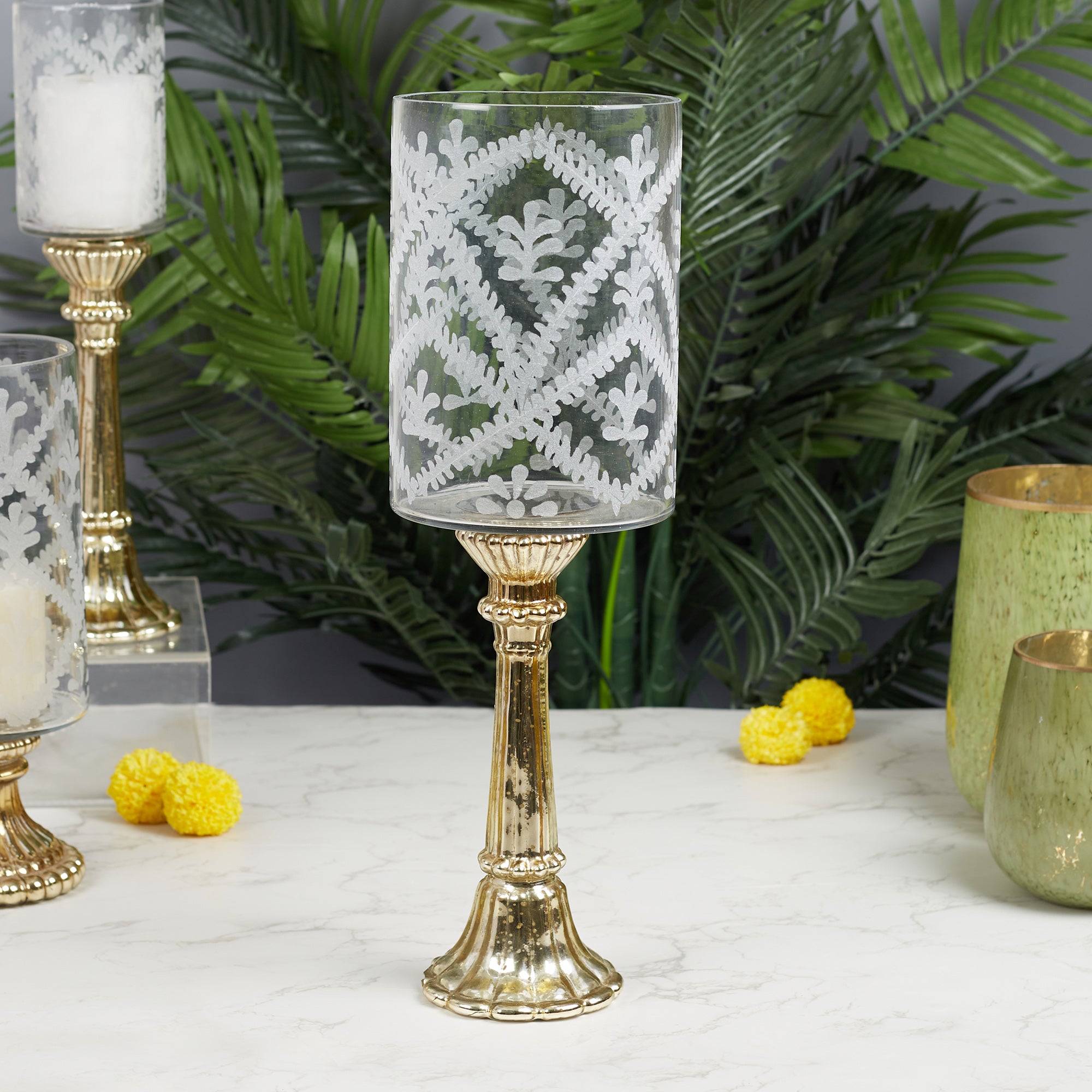 Phiona Glass Etched Handcrafted Hurricane 49 Cm in Gold Colour