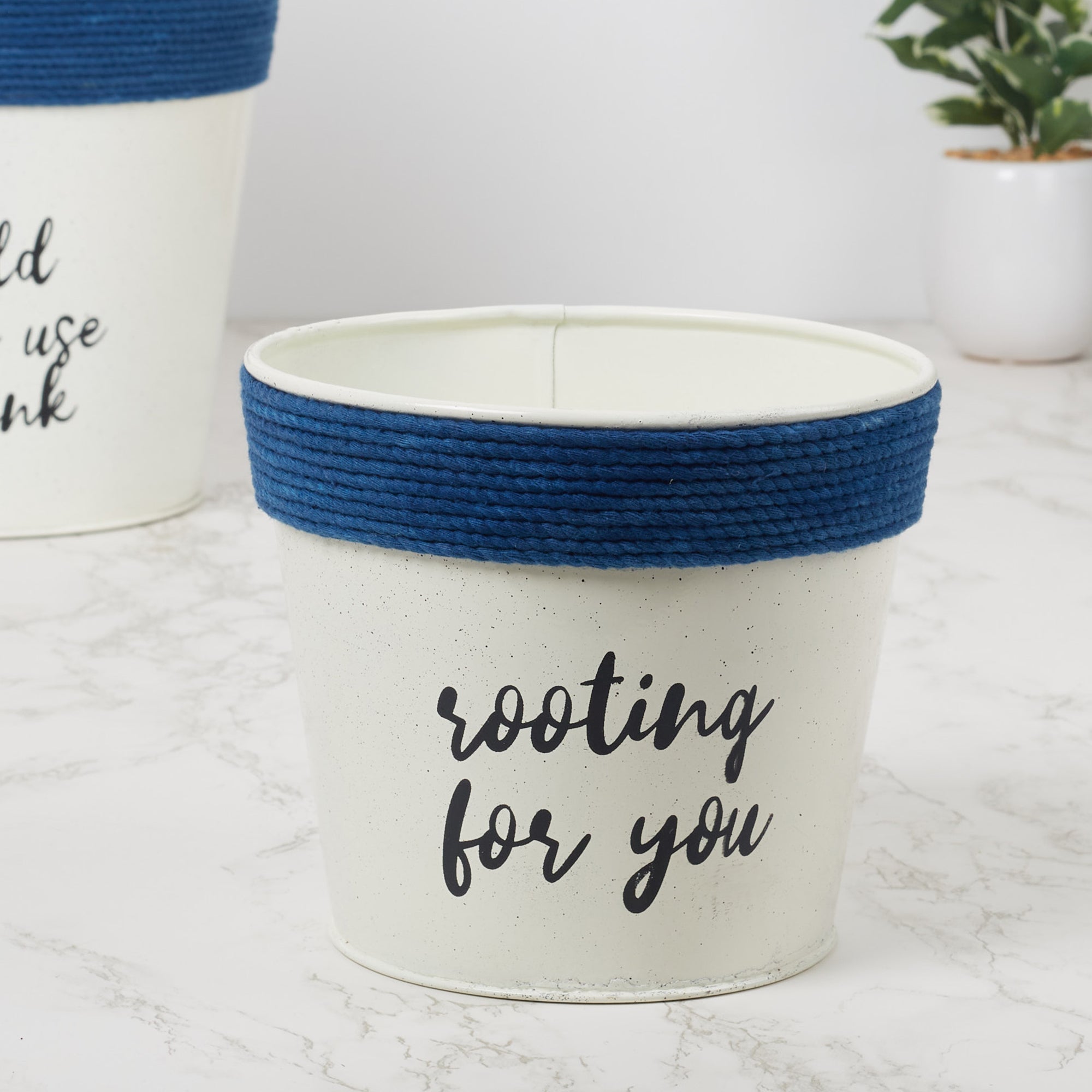 Pep Pop Metal Funky Quote Planter 14Cm in Off White & Indigo Colour
