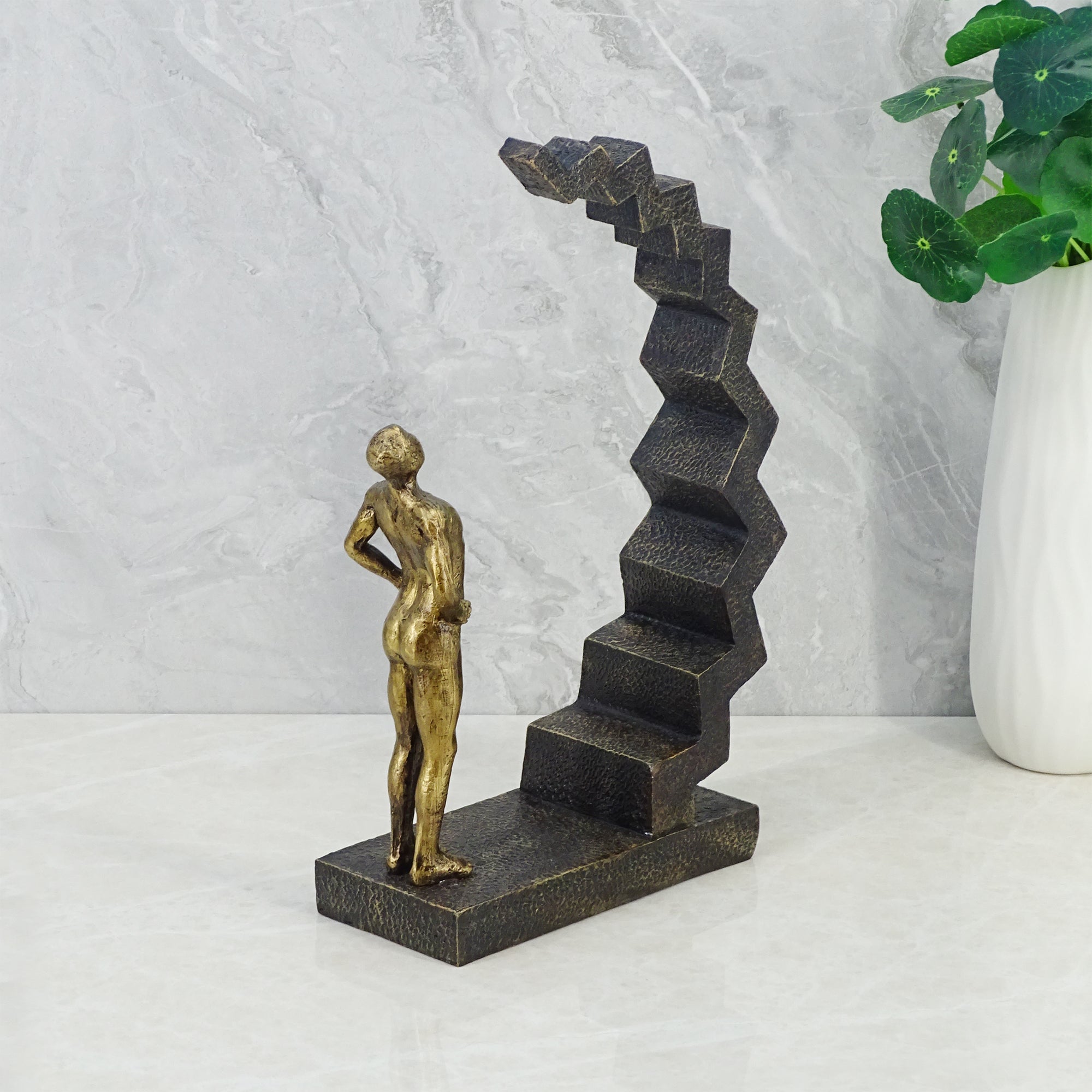 Willow Polyresin Man On Staircase 33 Cm in Brown And Gold Colour
