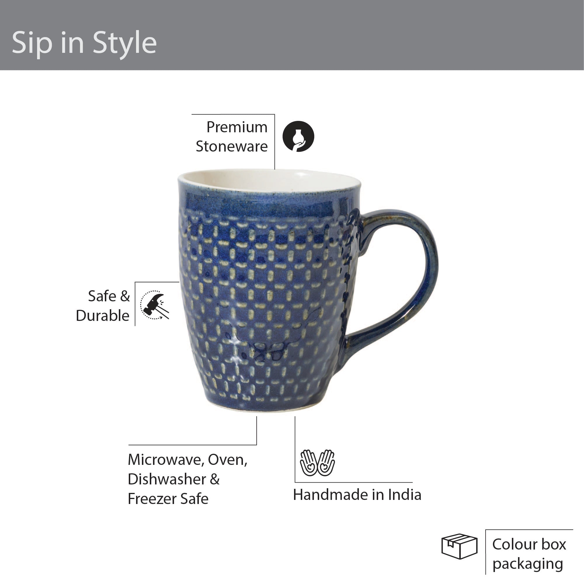 Fiesta Ceramic Latte Mug 360 ML Set Of 4 in Cobalt Colour