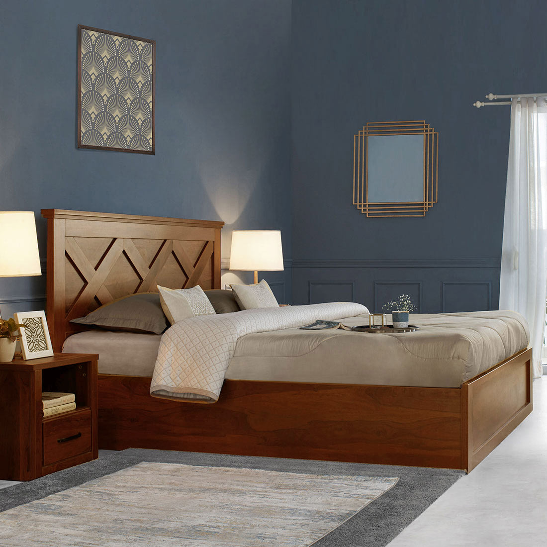 Antwerp King Bed with Hydraulic Storage in Sheesham Colour