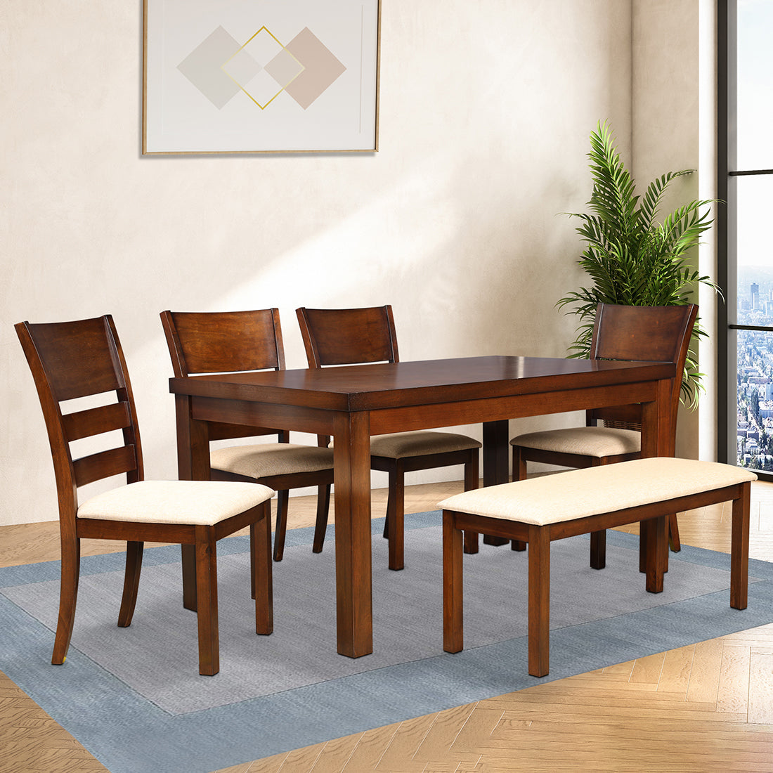 Shore Rubber Wood Six Seater Dining Set With Bench in Rio Brown Colour
