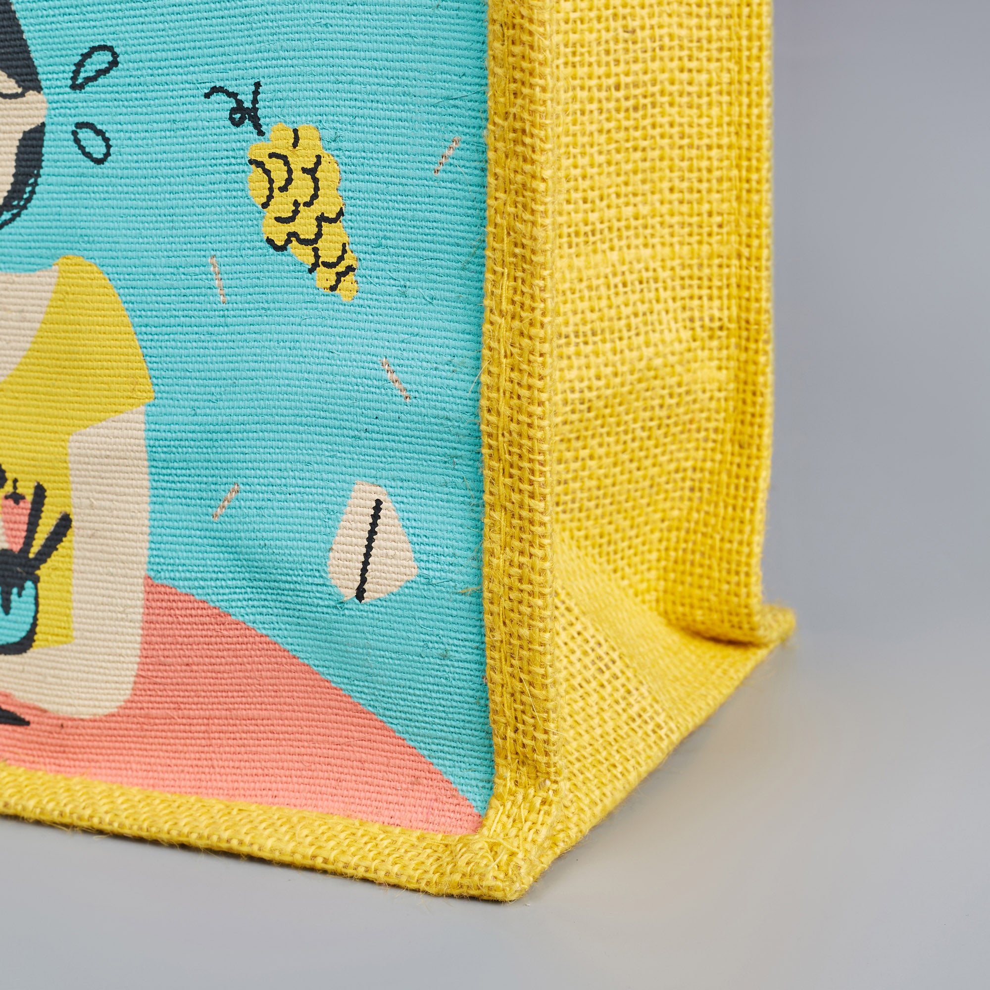 Good Life Jute Reversible Dessert Printed Lunch Bag 25.5 x 25.5 Cm in Turq & Yellow Colour