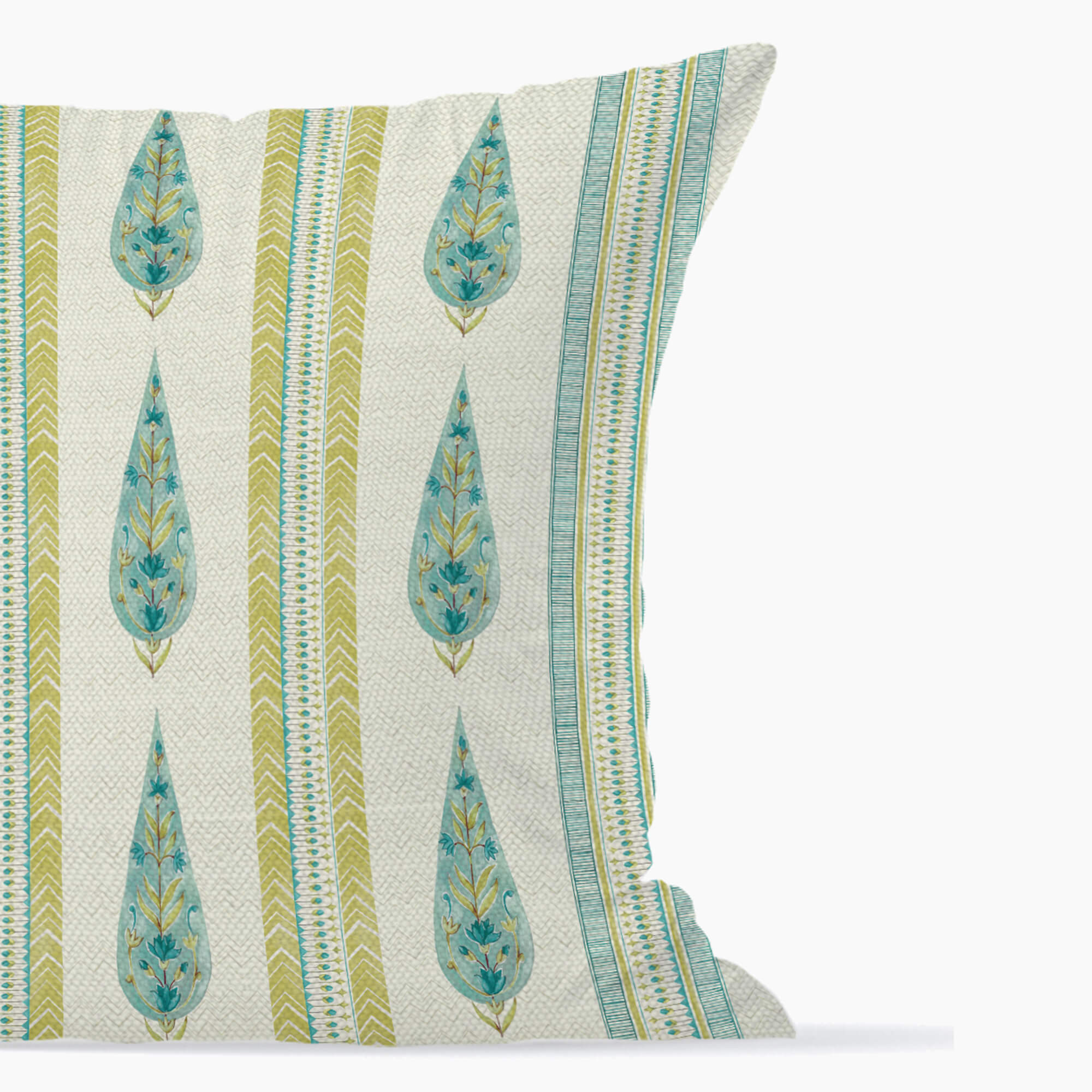 Indian Botanical Reversible Stripe Digital Printed Cushion Cover 40x40 Cm in Aqua Colour