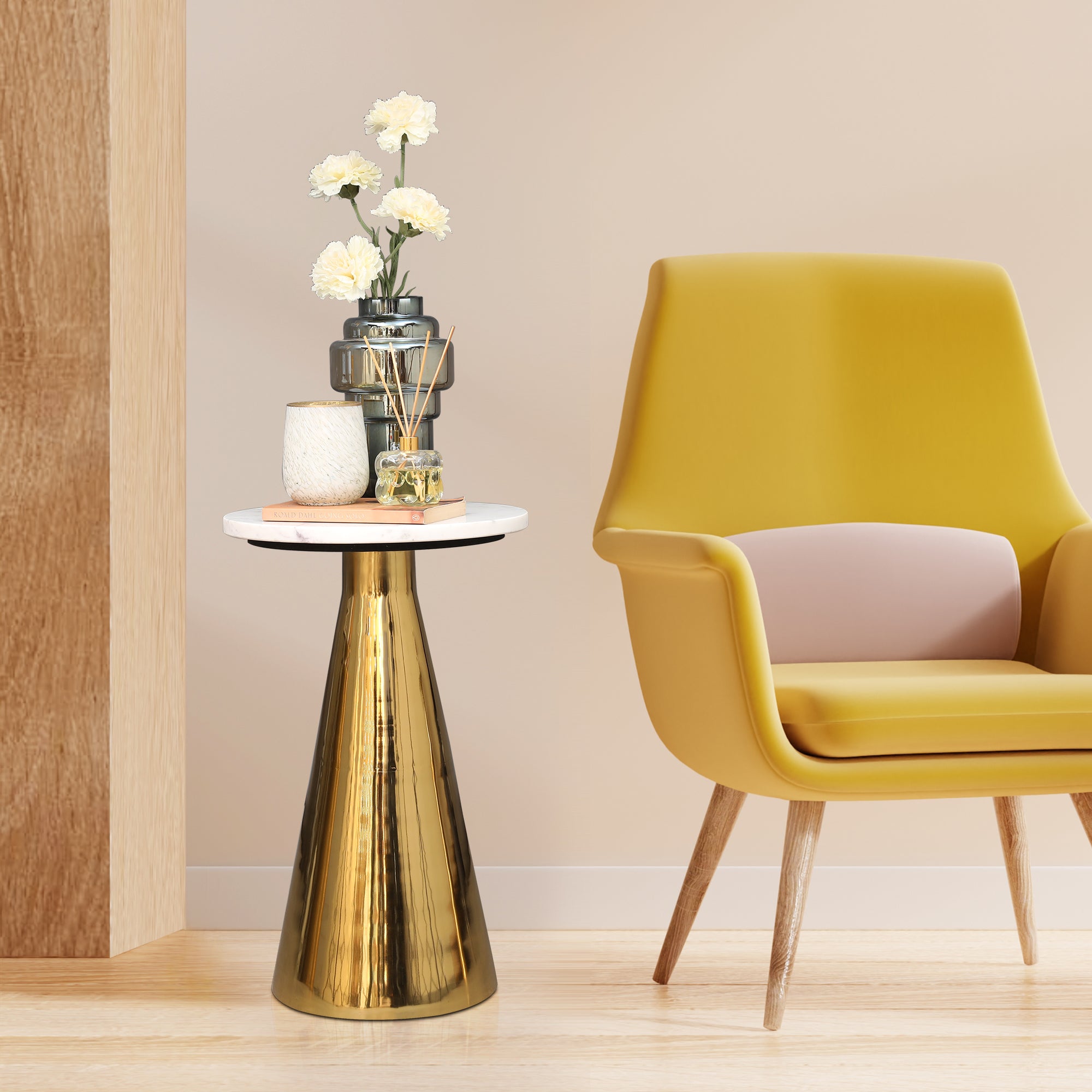 Corbe Metal Side Table in Gold & White Colour