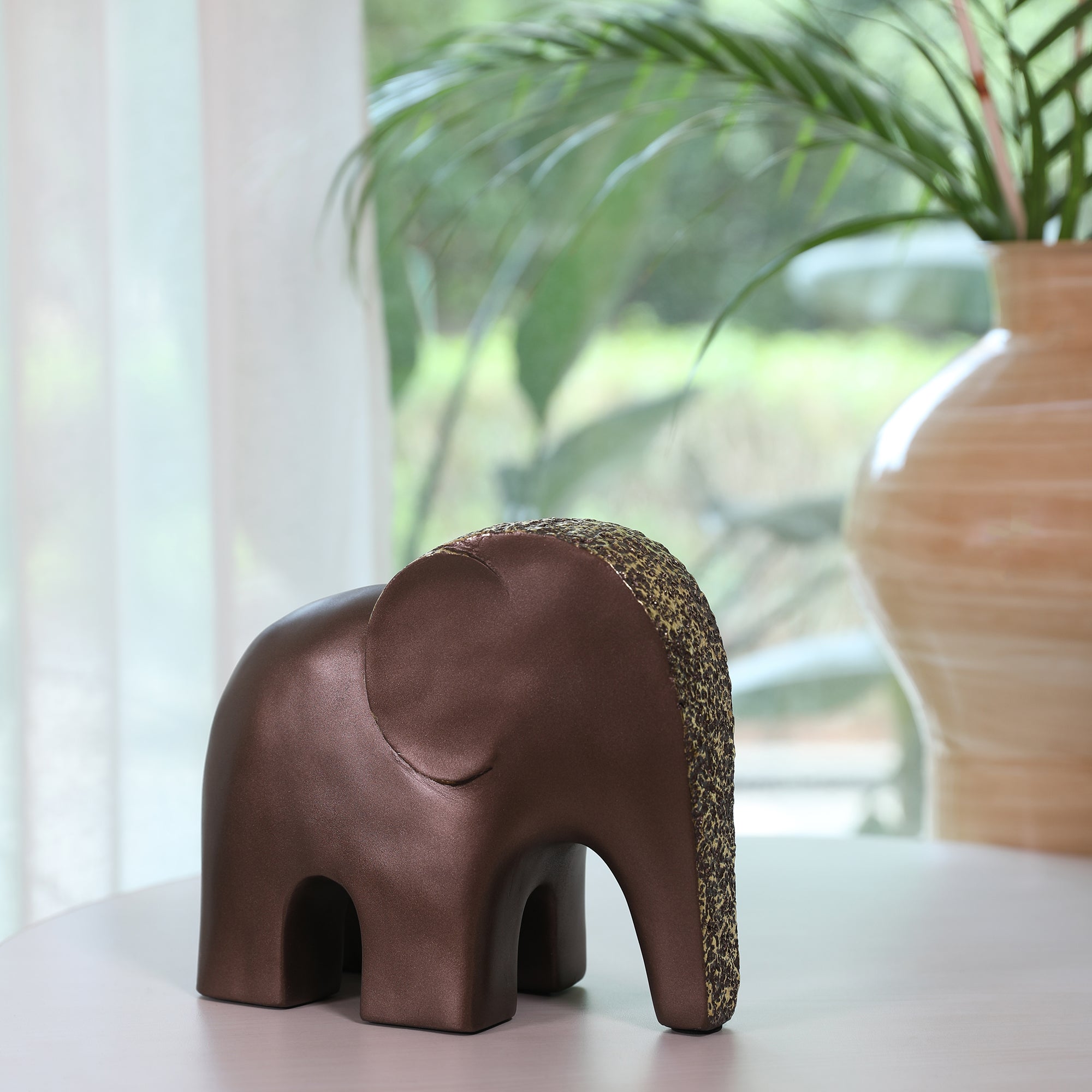 Miraya Contemporary Textured Elephant Polyresin Hand Finished Figurine Bronze 19cm by Living Essence